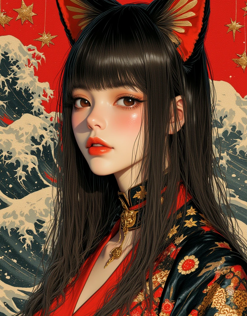 Cat-eared girl, straight long hair, Horizontal fringe hair, wearing enamel bondage outfit, Queening, Facesitting, Adult comic by Alex Varenne, mind-bending visual effects background, Ukiyo-e style by Hokusai