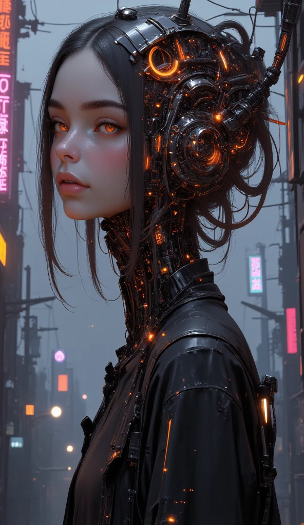 

Imagine a futuristic cyberpunk cityscape at dusk, blending neon-lit streets with a surreal digital overlay. The centerpiece is a sleek female figure with a calm expression, her face seamlessly integrated with glowing circuits and digital architecture. Surrounding her are holographic projections, vibrant orange and pink data streams, and glowing signs in various futuristic scripts. The atmosphere is dense with fog, enhancing the mystery, while distant power lines and dim streetlights add to the urban aesthetic. The scene portrays a fusion of humanity and technology, representing a world where digital and physical realms merge. 
