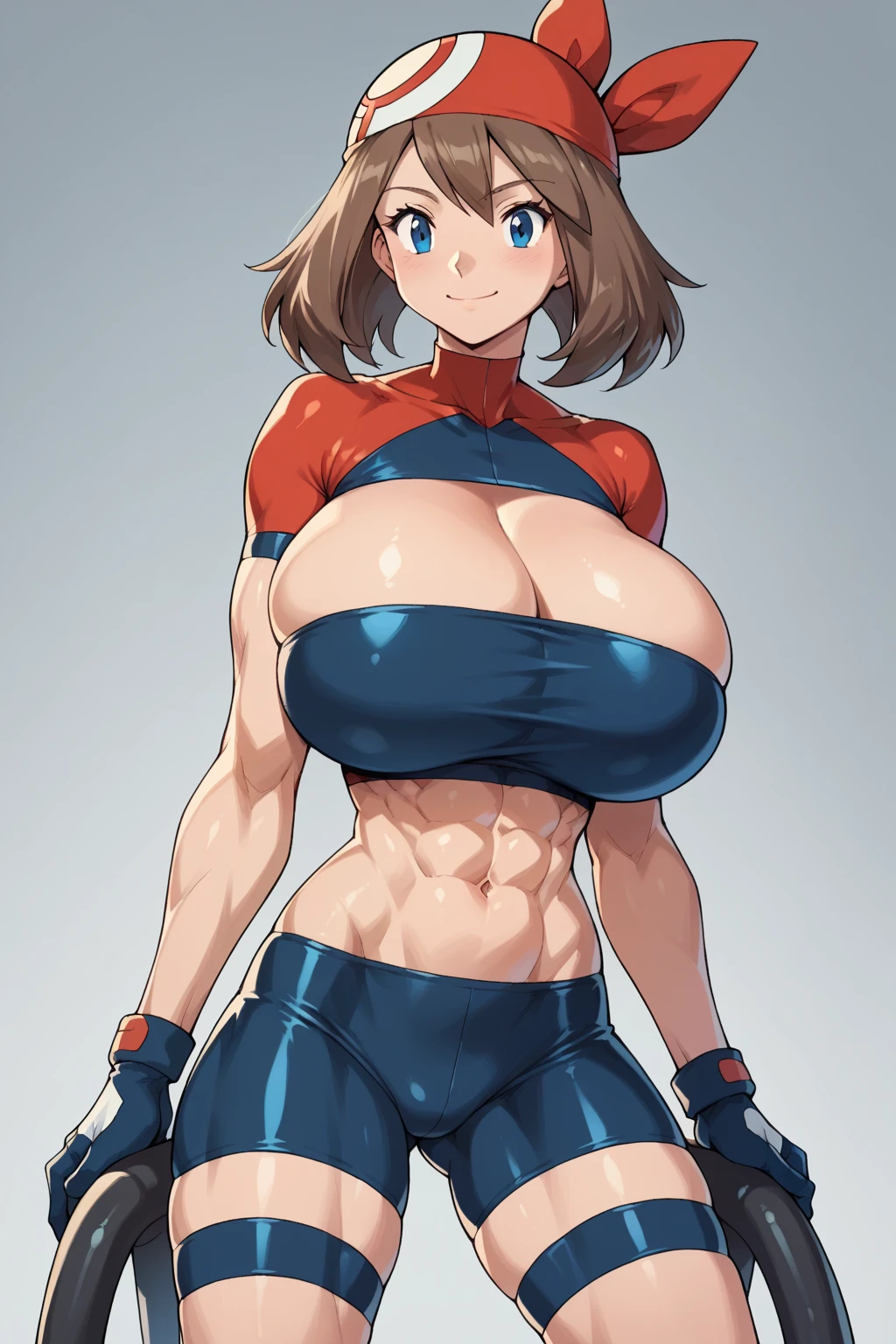 score_9, score_8_up, score_7_up, score_6_up, BREAK, pokemonmay, solo, blue eyes, brown hair, medium hair, 
(bike racer outfit: 1.2), (tight clothes), (skimpy_outfit),
torso, sultry smile, (gigantic bust: 1.2), toned, muscles, abs, slender body,
