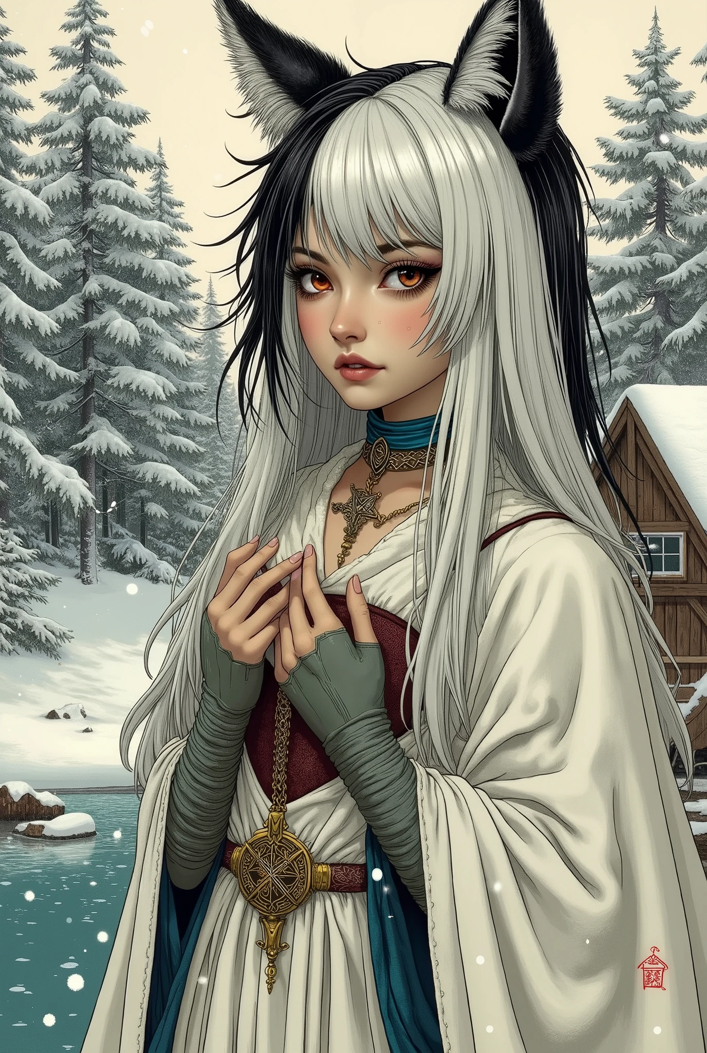 (Ultra-detailed face, Looking away, Fantasy Illustration with Gothic, Ukiyo-e. Dark tone colors. Ice Wind Dale, a city in the north. A dugout shack on a landing near a lake with frozen winter water. A big snowstorm.), BREAK (Cat-eared elf woman with long, messy, waist-length hair dyed white and black, ears hidden by hair. She has a pair of cat ears on her head, orange eyes, brown skin, and dark, thick eyeliner.), BREAK (The cat-eared elf woman wears a blue choker, a white thick woolen cape dress, and gray-green pin-heeled laced boots.)