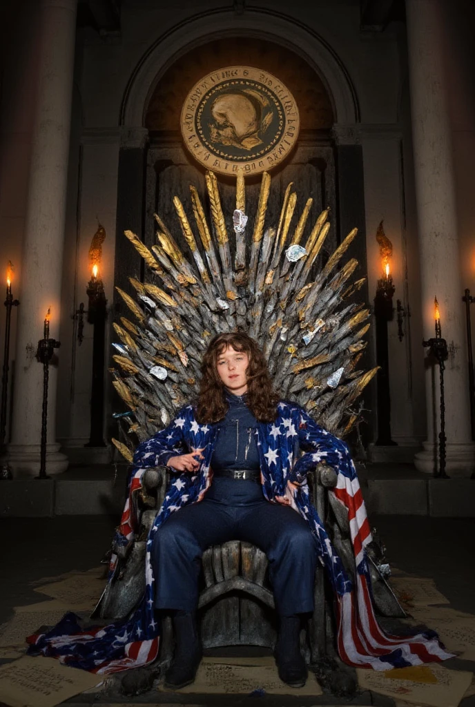 (best quality, 128k,highres,masterpiece:1.2),ultra-detailed,(realistic,photorealistic,photo-realistic:1.37), ((masterpiece)) ((photography)) ((Highest quality)) a young female american president sitting confidently on a grand, iron throne-inspired chair, crafted from golden eagle feathers, stars, and fragments of historical documents like the declaration of independence. she wears a modern yet regal navy-blue suit with a flowing cape adorned with the american flag. the scene is a dramatic fusion of the white house's iconic architecture and the medieval fantasy of game of thrones, with towering pillars, flickering torches, and a glowing presidential seal behind her. the atmosphere is powerful and surreal, blending modern politics with mythical grandeur.