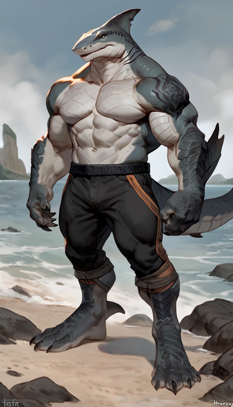 sharkman, gray belly, black and blue hands and fins, black back, solo, big arms, bara, detailed smooth skin on abs, lizard shark hybrid, anthro, closed mouth, tattoos, detailed scales, scalie arms, muscular, thick scales on arms and legs, proporcional body, pants, wide chest, trapezoid body type, marked jaw, thick shark tail, best quality, 4k, ultra-detailed, by Buta99, by taran fiddler, by honovy, detailed illustration of 4K horror, island beach scenery, standing near water