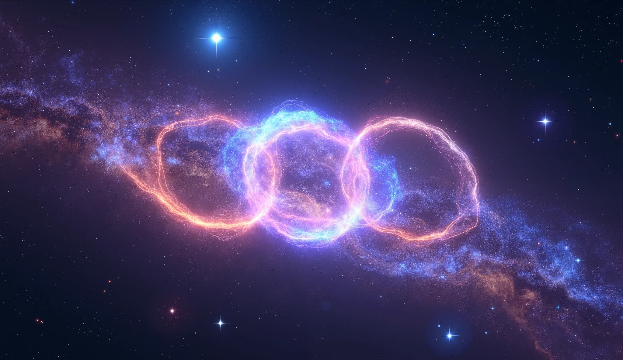 Triple overlapping ring-shaped nebula,The blue Milky Way,Nebula Fog, Digital Art by ,Gold Sparkle,Beautiful digital art, 4K high resolution digital art , Soft swirling magic energy,Magic Whirlwind,Dreamlike art, complex and glamorous anime CGI style 、 super high image quality, Ultra Fine, High Quality ,Spectacular views,Night Sky,8K quality, outer space ,Stars that fill the whole sky 々,View the galaxy from the front ,( Two galaxies cross to form an X shape ),Spiral nebula and supermassive galaxy, spiral galaxies with many turns , Vast Dark Universe , colorful gaseous nebulae,Infinite stars々, Quasars Shining in the Distance , Nebula shining in purple, blue, red, gold, green, silver, and pink,plasma, an uncountable number of huge stars.遠くに別の銀河 visible ,Massive stars in a spectacular galaxy々 visible ,A galaxy with 100 billion stars ,(Two galaxies intersect ), cobalt blue and ultramarine,