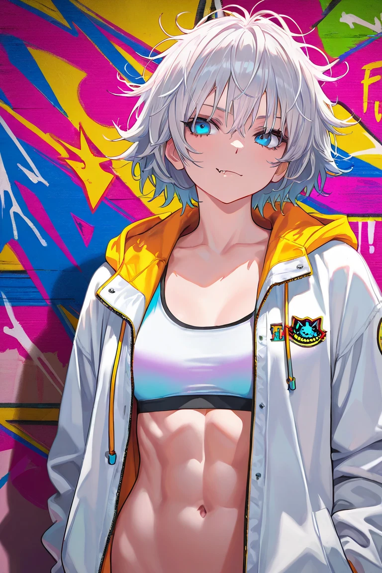 1girl, Solo, Masterpiece, Anatomically Correct, Silver Hair, Short Hair, Messy Hair, Blue eyes, F/16, lean and toned body, white jacket, colorful clothes, punk style room ,Fang, 