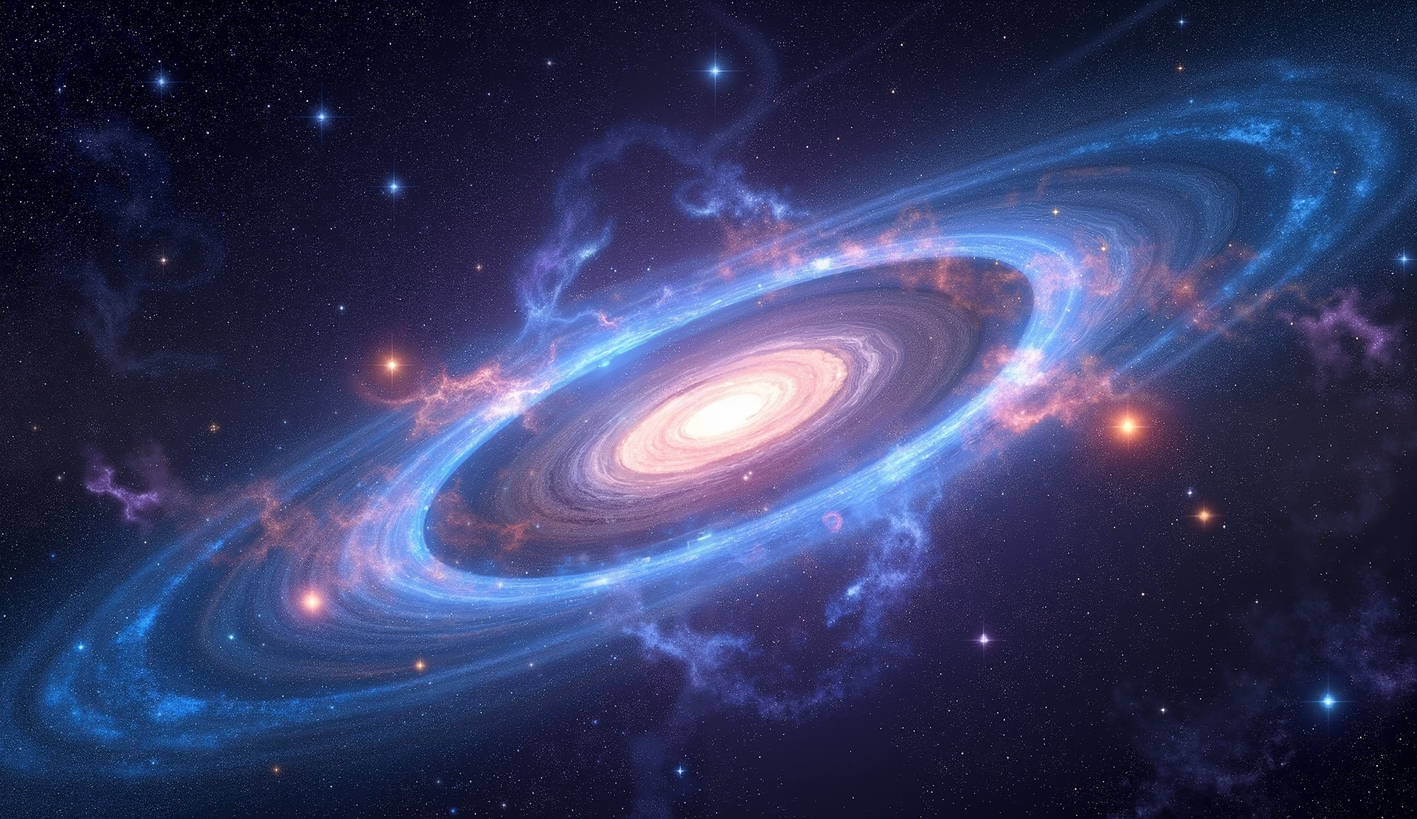 Triple overlapping ring-shaped nebula,The blue Milky Way,Nebula Fog, Digital Art by ,Gold Sparkle,Beautiful digital art, 4K high resolution digital art , Soft swirling magic energy,Magic Whirlwind,Dreamlike art, complex and glamorous anime CGI style 、 super high image quality, Ultra Fine, High Quality ,Spectacular views,Night Sky,8K quality, outer space ,Stars that fill the whole sky 々,View the galaxy from the front ,( Two galaxies cross to form an X shape ),Spiral nebula and supermassive galaxy, spiral galaxies with many turns , Vast Dark Universe , colorful gaseous nebulae,Infinite stars々, Quasars Shining in the Distance , Nebula shining in purple, blue, red, gold, green, silver, and pink,plasma, an uncountable number of huge stars.遠くに別の銀河 visible ,Massive stars in a spectacular galaxy々 visible ,A galaxy with 100 billion stars ,(Two galaxies intersect ), cobalt blue and ultramarine,