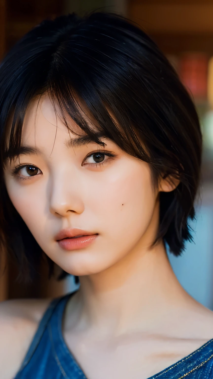  short bob hair, ( Clean brown eyes 、 Sparkling Eyes , fine grain)、 nsfw,  1 girl, summer,   Japanese Street where black cats stand, ( short tank top ,  damaged denim shorts)), Serious face , Short brown hair,  and turn around,  clear focus: 1.2,   Highly detailed facial and skin texture  ,  top quality , 8k