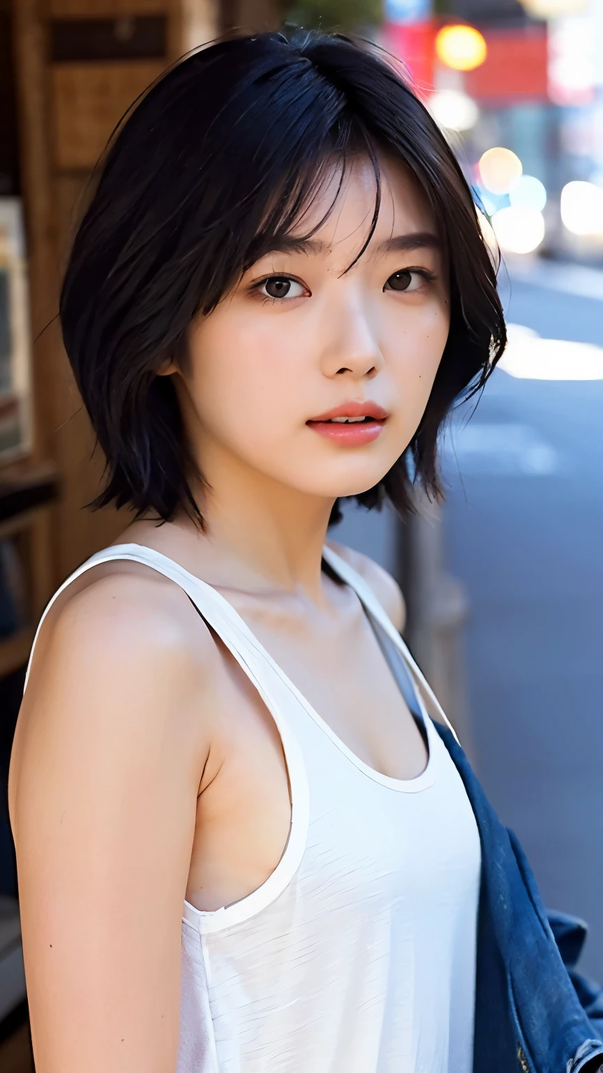  short bob hair, ( Clean brown eyes 、 Sparkling Eyes , fine grain)、 nsfw,  1 girl, summer,   Japanese Street where black cats stand, ( short tank top ,  damaged denim shorts)), Serious face , Short brown hair,  and turn around,  clear focus: 1.2,   Highly detailed facial and skin texture  ,  top quality , 8k