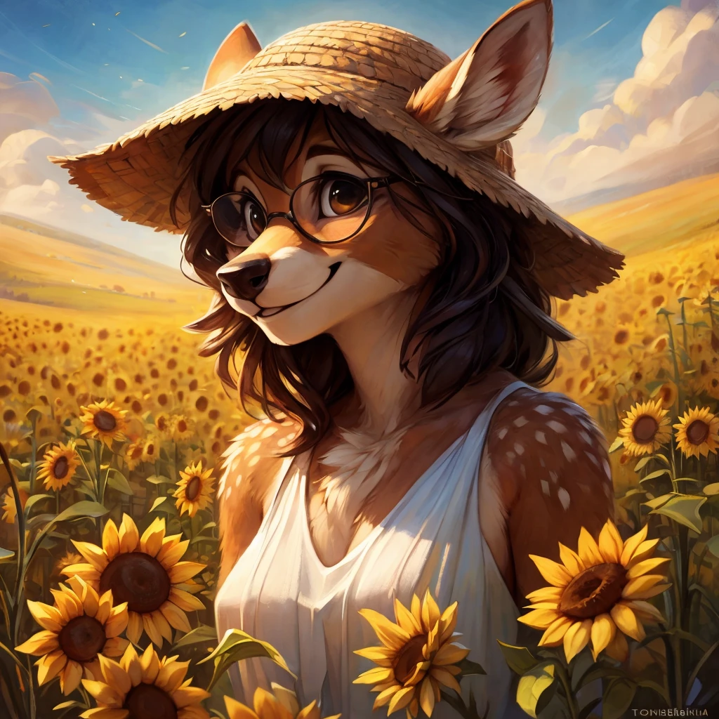 uploaded on e621, by Pixelsketcher, by Bayard Wu, by Thomas Benjamin Kennington , by Einshelm, by hioshiru and kenket, Chunie, portrait, solo anthro female deer doe, with small featureless breasts, clear dark blue, cinematic lighting, day, sunny day, sunflower field, stands in a high sunflower field, sunflower field background, sunflowers, mediterranean background, horizon background, shiny, short curly dark brown hair, wears big black nerd glasses, very very beautiful furry art, furry art, smiling, joyful, shiny, happy, feminine, cute face, muzzle, fluffy chest, flawless face, Fallow deer, 1girl, Sakimichan is beautiful, Masterpiece, Wavethesallow Face, shiny, Detailed image, portrait, Detailed image, portrait, full body, wearing pure white and wide spaghetti straps dress, wearing big and wide beige summer straw hat, shiny, realistic face, perfect anatomy, hourglass body, (furry body:1.1), anthropomorphic deer, looks at the viewer, small fluffy tail, detailed background, (cute anatomy:1.1)