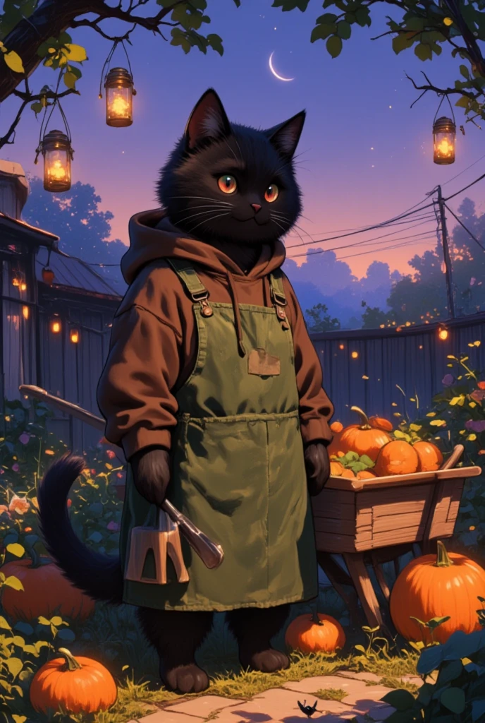 (A large male black cat with a stern but gentle gaze) is captured in the enchanting twilight hours, tending to his dusk-lit garden. He is wearing a comforting brown hoodie beneath a thick, moss-green apron, both slightly tattered from the day's labor. His piercing eyes, though seemingly harsh, reveal a soft-heartedness as he inspects a pumpkin patch ripe for harvest. The twilight sky paints the garden with purples and blues as stars begin to peek through. The air is cool and carries the fragrance of jasmine and honeysuckle. Lanterns made of glass jars hang from the branches, casting a soft, flickering light that dances across the garden paths. Beside him, a wooden wheelbarrow is filled with garden tools and freshly picked produce, a testament to his day's hard work. Crickets begin their nightly symphony under the crescent moonlight, their songs a soothing backdrop to a fulfilled sigh of contentment.