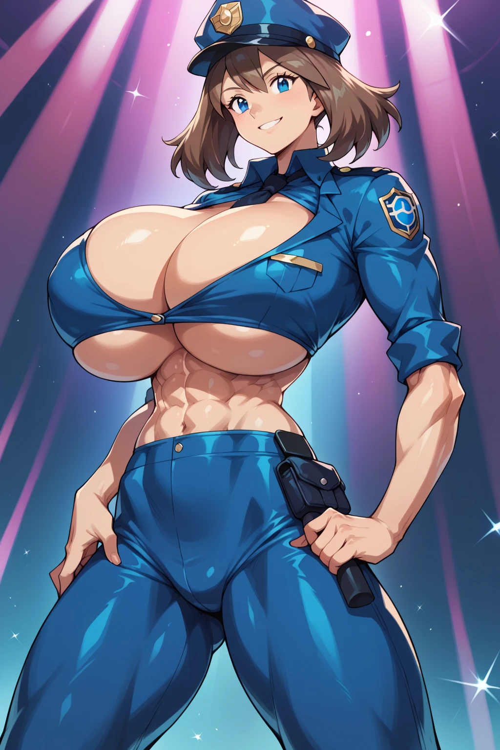 score_9, score_8_up, score_7_up, score_6_up, BREAK, pokemonmay, solo, blue eyes, brown hair, medium hair, 
(stripper officer uniform outfit: 1.2), (tight clothes), (skimpy_outfit),
torso, sultry smile, (gigantic bust: 1.2), toned, muscles, abs, slender body,
