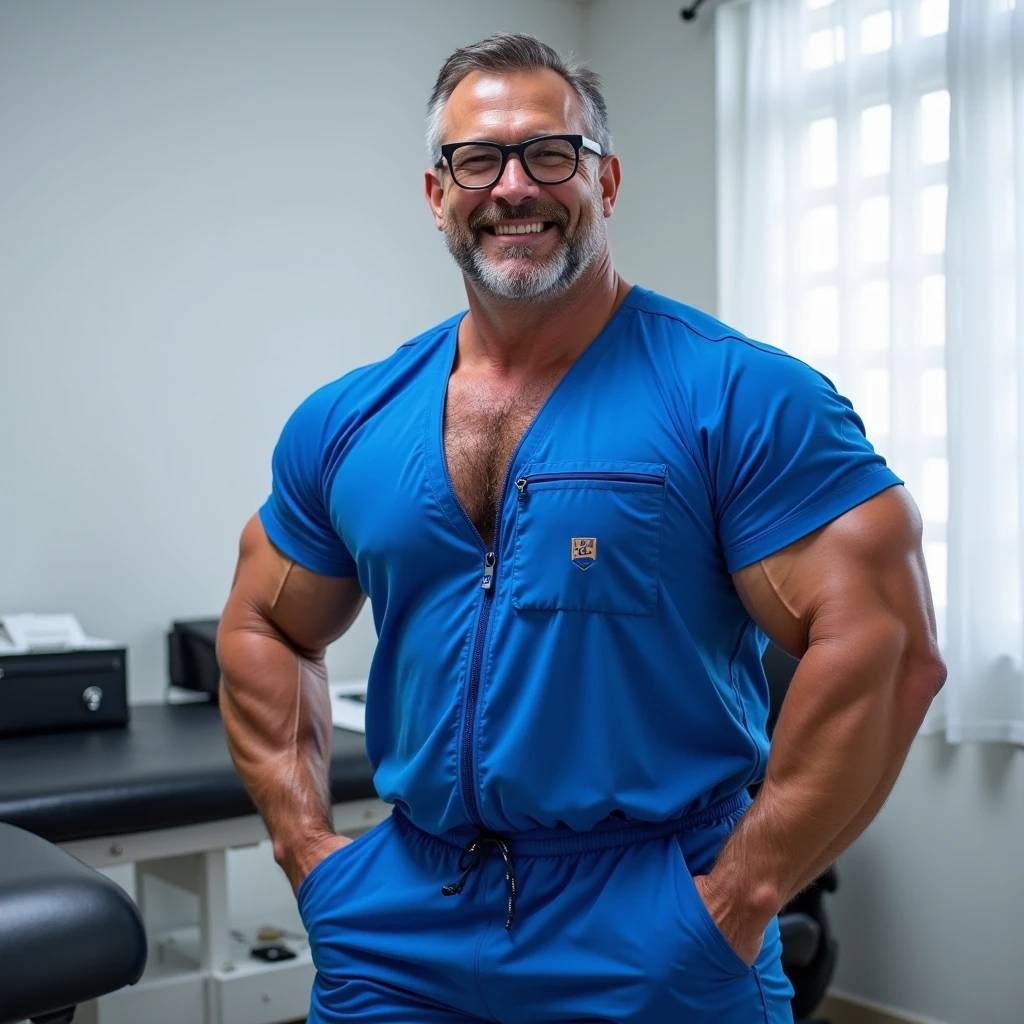 This photograph captures a muscular, middle-aged man with a robust build standing in what appears to be a medical office. He has a short, graying beard and mustache, and is wearing black-framed glasses. The man is dressed in a bright blue medical scrubs set, which includes a short-sleeved shirt and matching pants. The scrubs are unzipped, revealing his muscular chest and abdomen, which are covered with a thick, dark brown chest hair. His arms are flexed, showcasing his biceps. The man is smiling warmly, exuding confidence.

In the background, the setting is a typical medical office with a white wall and a window with white curtains. To the left, there is a medical examination table with a black leather cover, and a few items on the counter, including a black folder and a small, unidentifiable object. The man's scrubs have a logo and some text on the left chest pocket, which is partially visible. The overall color palette of the image is dominated by blue from the scrubs, with the white background and medical equipment adding a professional and clinical feel to the scene.