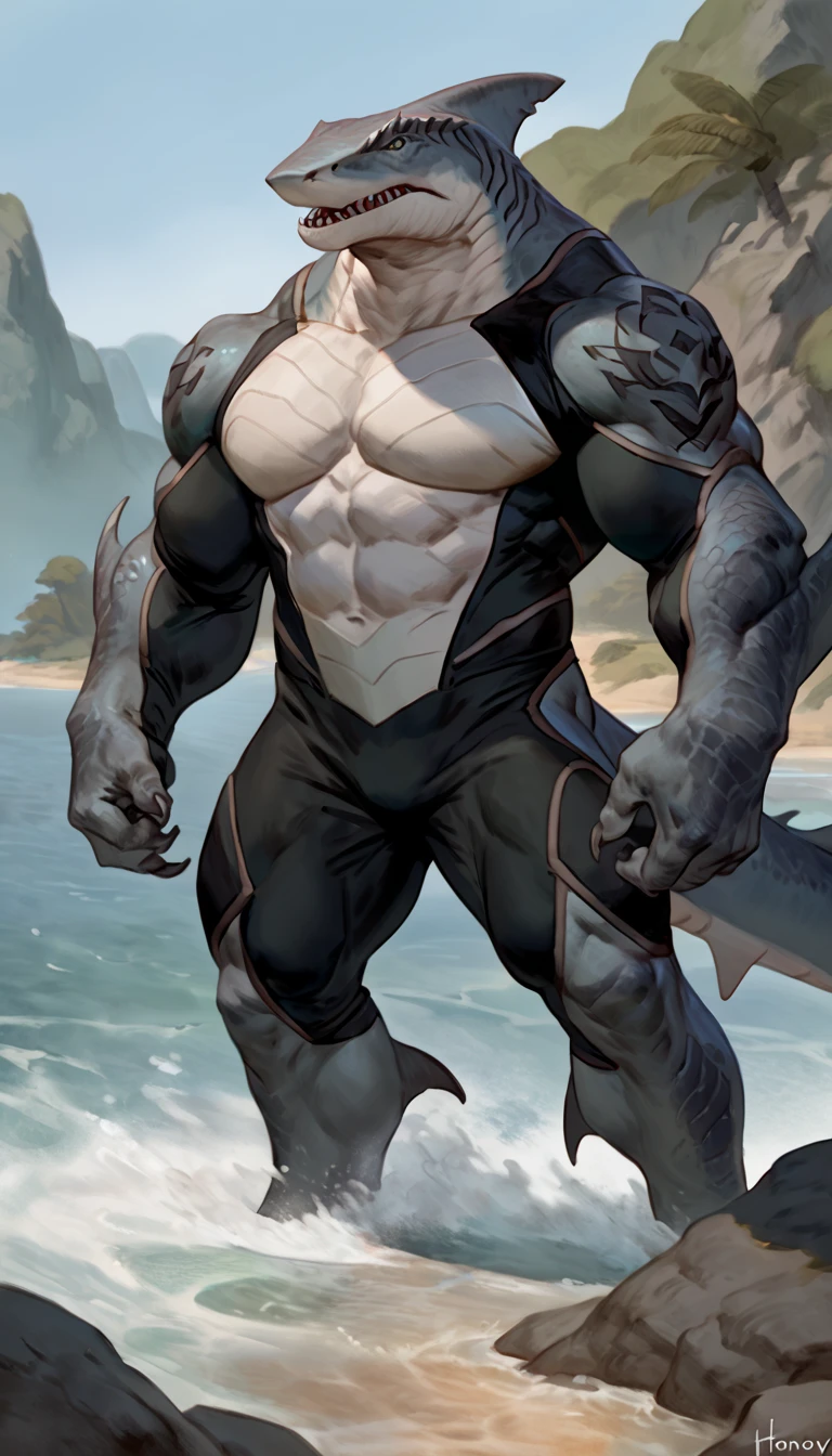 sharkman, gray belly, black and blue hands and fins, black back, solo, big arms, bara, detailed smooth skin on abs, lizard shark hybrid, anthro, closed mouth, tattoos, detailed scales, scalie arms, muscular, thick scales on arms and legs, proporcional body, armless bodysuit, wide chest, trapezoid body type, marked jaw, thick shark tail, best quality, 4k, ultra-detailed, by Buta99, by taran fiddler, by honovy, detailed illustration of 4K horror, island beach scenery, standing near water