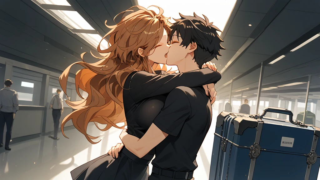 a brown long haired, woman, messy hair style, big breasts, slim body, she's wearing black skirt, tight top, happy, open mouth, close eyes, deep kiss, head tilt, hug, kiss
man with suitcase ,airport, far angle, low angle.