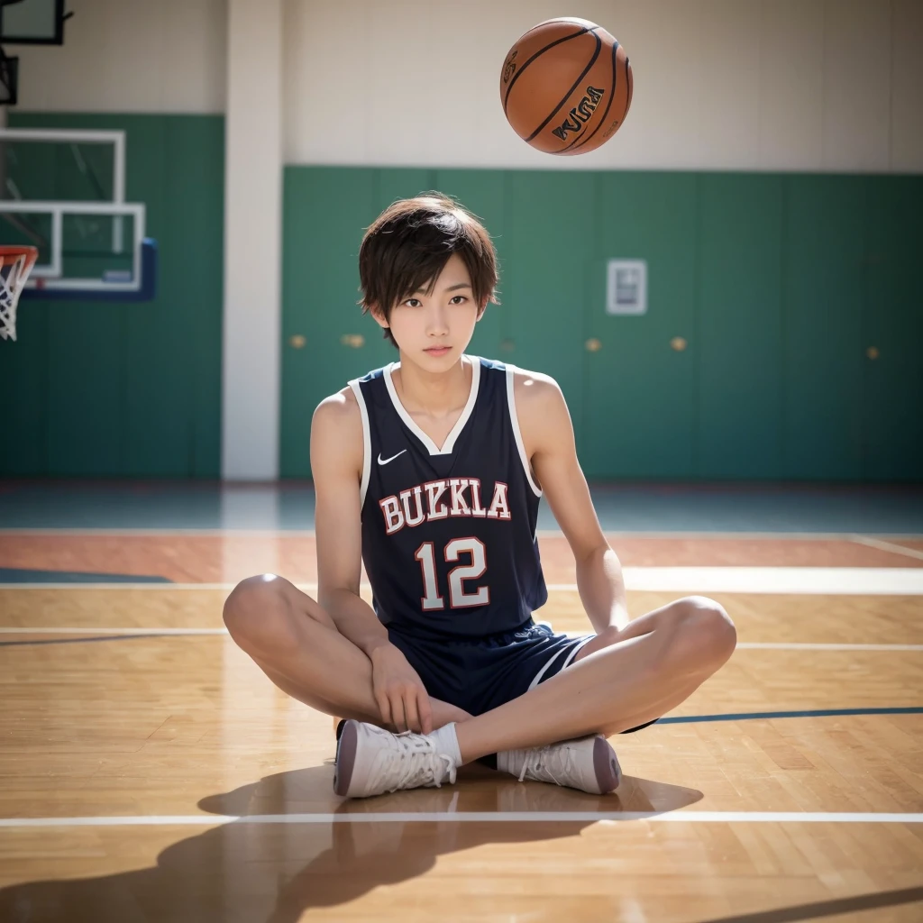 slim body, slender, Japanese cute boy,　, A 20-year-old boy, A Japanese male student with a youthful, innocent face, wearing a basketball uniform, sitting barefoot in a wide-legged pose. He looks relaxed, with a basketball court or gymnasium in the background. Natural light filters in, creating a sporty atmosphere,　baby face0-year-old boy, Black hair, Messy hair, modern, Eye level shots, hyper HD, Masterpiece, (photorealistic, masterpiece, 8K HD, good lighting quality, portrait, closing up on face, intricate details