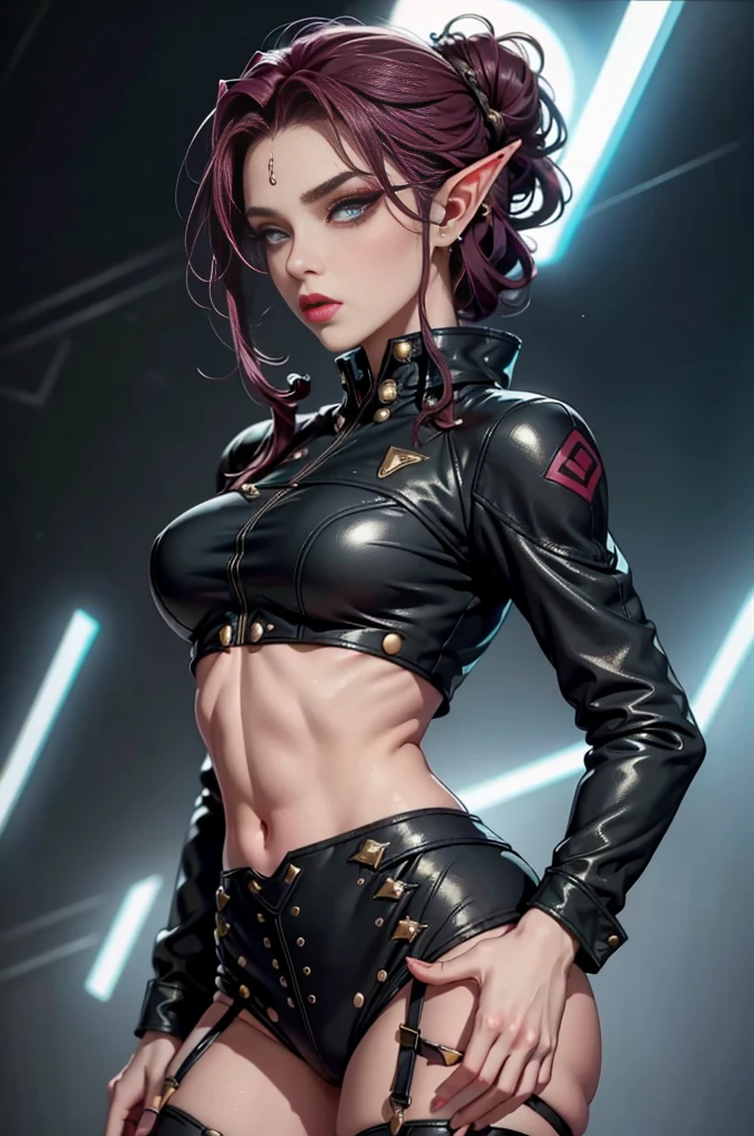 Elf woman with a piercing gaze and bold makeup. She's wearing a leather jacket with a crop top, and her long hair is styled in a sleek updo.
