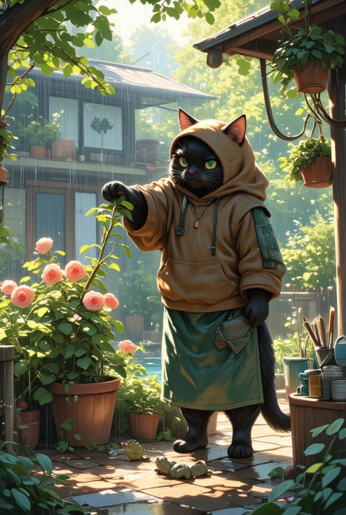 (A large male black cat with a deceptively stern yet gentle demeanor) is set in a gentle rain shower, tending his cherished garden. He wears a cozy brown hoodie and a moss-green apron, both protecting him from the light rain while reflecting the garden's earthy hues. His eyes, intense yet kind, focus intently on carefully pruning a rosebush, with raindrops pooling in the leaves and petals. The garden, wet and alive, glistens with fresh rain. The aroma of damp earth mingles with the scent of flowering jasmine and peonies, filling the air with freshness and renewal. Raindrops ripple across a small pond, where frogs sometimes leap. Nearby, an overhang offers shelter to some gardening tools and a small collection of seed packets. A low stone wall borders the garden, encouraging a sense of intimacy and warmth even amidst the rain's gentle patter. The calm, rhythmic sound of rain creates a peaceful, meditative atmosphere, encapsulating the tranquil essence of this intimate moment with nature.