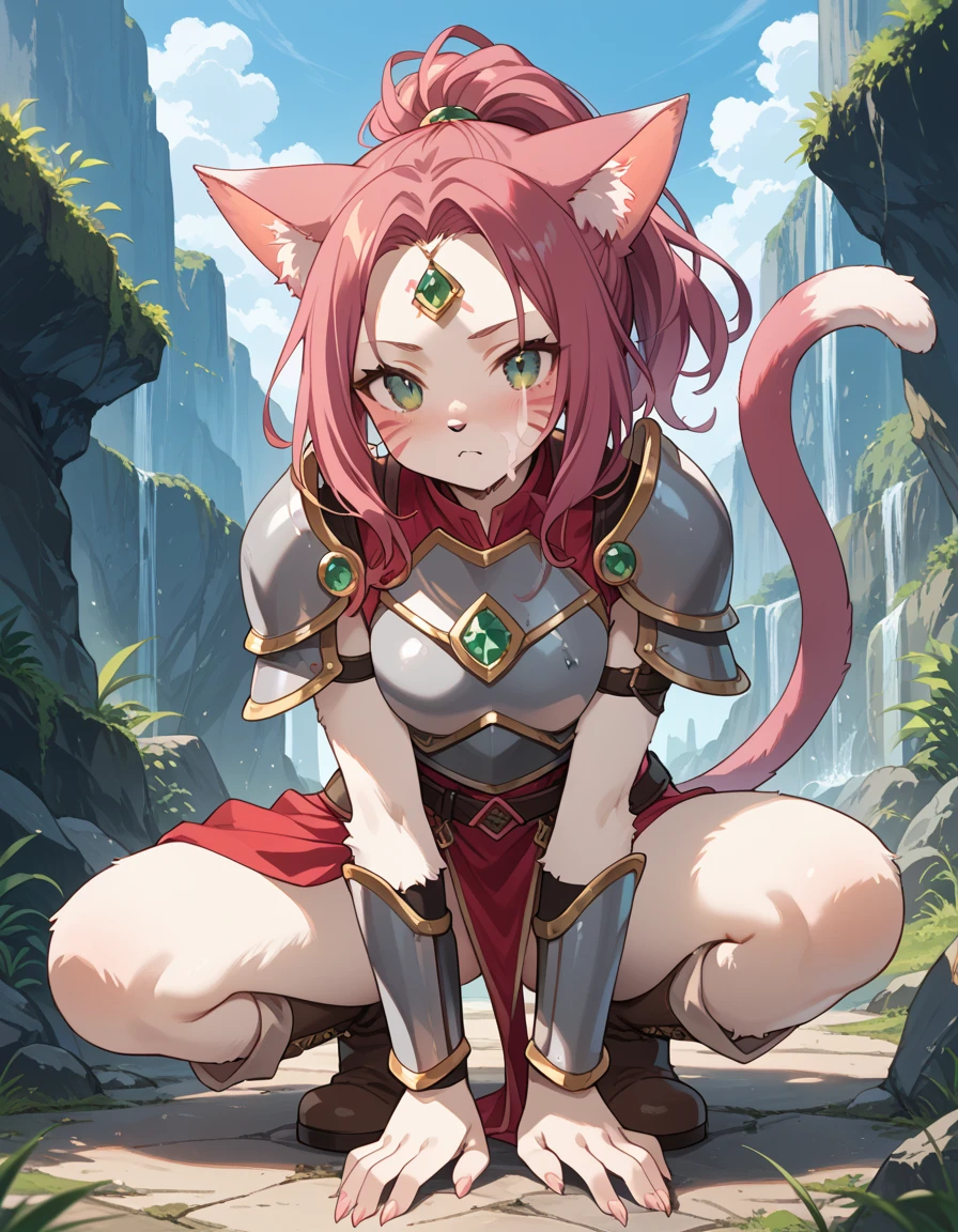 score_9, score_8_up, score_7_up, source_anime, rating_explicit, BREAK 1girl,Ryuquir, cat girl, pink animal ears, tail, cat ears, facial mark, cat tail, BREAK green eyes, forehead jewel, green jewel, BREAK magenta hair color, ponytail, long hair, furry female, fingernails, furry, BREAK
grey armor color,shoulder armor, Waist armor, BREAK brown boots,BREAK looking at viewer, outdoors, squatting,