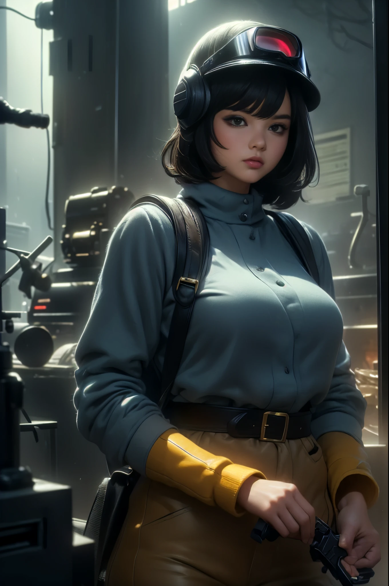 ((masterpiece, highest quality, Highest image quality, High resolution, photorealistic, Raw photo, Extremely detailed CG unified 8k wallpaper)), (huge stunning goddess shot, very hot and sexy, jaw-dropping beauty, perfect proportions, beautiful body, slim body beauty:1.4), (a lot of freckles on face), (a sexy young woman dressed as an armored vehicle driver's uniform), (Various stickers and marks on the uniform), (revealing_clothes), (wearing combat helmet and goggles, Scarf), (Face with camouflage cream, skin that sweat a lot), (a calm expression with a slight smile), (Detailed Tattoo, Irezumi, tattoo, tattoo), (with a large machine gun in her's hand) (Sahara Desert in Africa, Sandstorms), (a fierce battle on the battlefield), Phoebe Cates