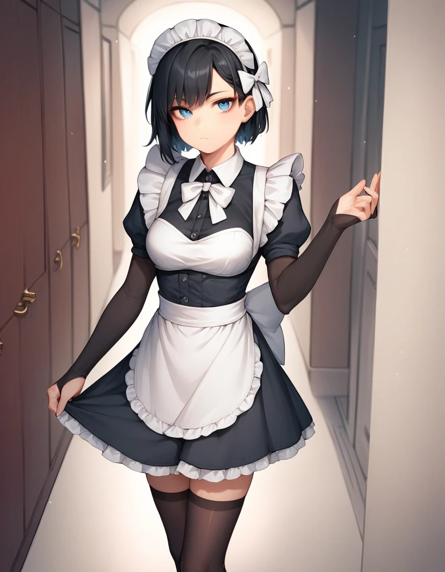 score_9, score_8_up, score_7_up, score_6_up, source_anime, 1girl, solo,  pmMly, black hair, short hair, blue eyes, hair bow, white bow, fates maid, maid headdress, maid apron, bridal gauntlets, black thighhighs, hallway, looking at you, bored, 