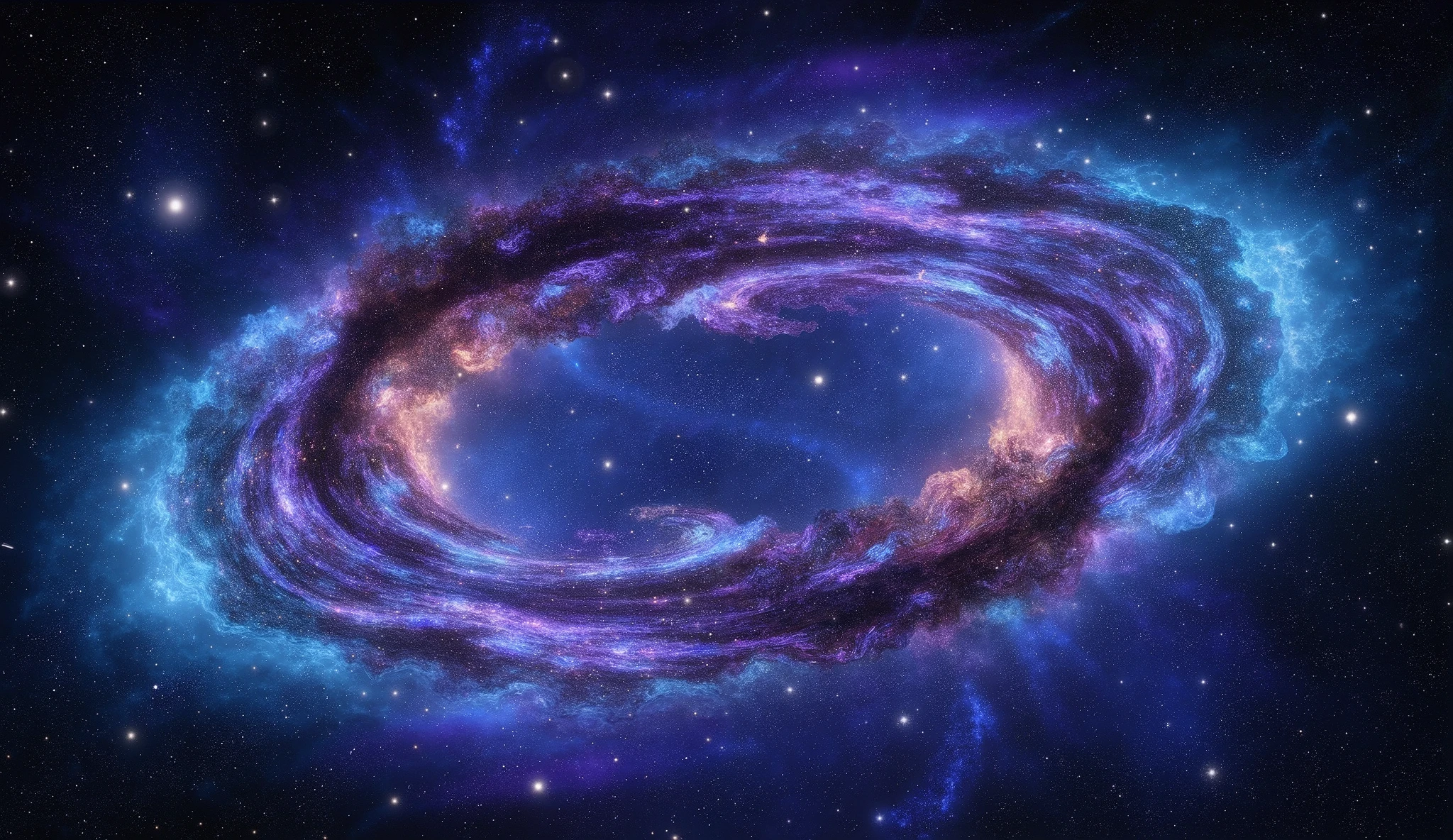 Triple overlapping ring-shaped nebula,The blue Milky Way,Nebula Fog, Digital Art by ,Gold Sparkle,Beautiful digital art, 4K high resolution digital art , Soft swirling magic energy,Magic Whirlwind,Dreamlike art, complex and glamorous anime CGI style 、 super high image quality, Ultra Fine, High Quality ,Spectacular views,Night Sky,8K quality, outer space ,Stars that fill the whole sky 々,View the galaxy from the front ,( Two galaxies cross to form an X shape ),Spiral nebula and supermassive galaxy, spiral galaxies with many turns , Vast Dark Universe , colorful gaseous nebulae,Infinite stars々, Quasars Shining in the Distance , Nebula shining in purple, blue, red, gold, green, silver, and pink,plasma, an uncountable number of huge stars.遠くに別の銀河 visible ,Massive stars in a spectacular galaxy々 visible ,A galaxy with 100 billion stars ,(Two galaxies intersect ), cobalt blue and ultramarine,