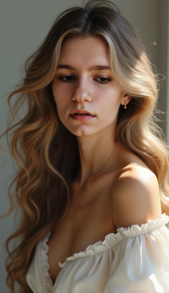 Woman with curly hair,tmasterpiece, Elegant, Best quality, Diffuse wide light,Eyes are delicate and charming,yellow long hair