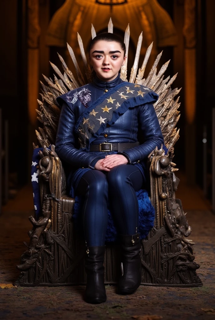 (best quality, 128k,highres,masterpiece:1.2),ultra-detailed,(realistic,photorealistic,photo-realistic:1.37), ((masterpiece)) ((photography)) ((Highest quality)) Maisie Williams as a young female american president sitting confidently on a grand, iron throne-inspired chair, crafted from golden eagle feathers, stars, and fragments of historical documents like the declaration of independence. she wears a modern yet regal navy-blue suit with a flowing cape adorned with the american flag. the scene is a dramatic fusion of the white house's iconic architecture and the medieval fantasy of game of thrones, with towering pillars, flickering torches, and a glowing presidential seal behind her. the atmosphere is powerful and surreal, blending modern politics with mythical grandeur.