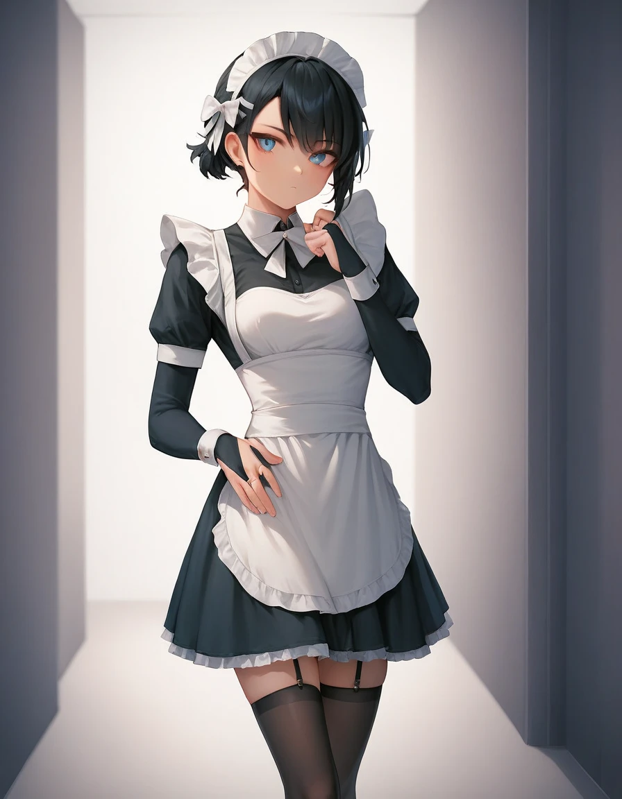 score_9, score_8_up, score_7_up, score_6_up, source_anime, 1girl, solo,  pmMly, black hair, short hair, blue eyes, hair bow, white bow, fates maid, maid headdress, maid apron, bridal gauntlets, black thighhighs, hallway, looking at you, bored, 