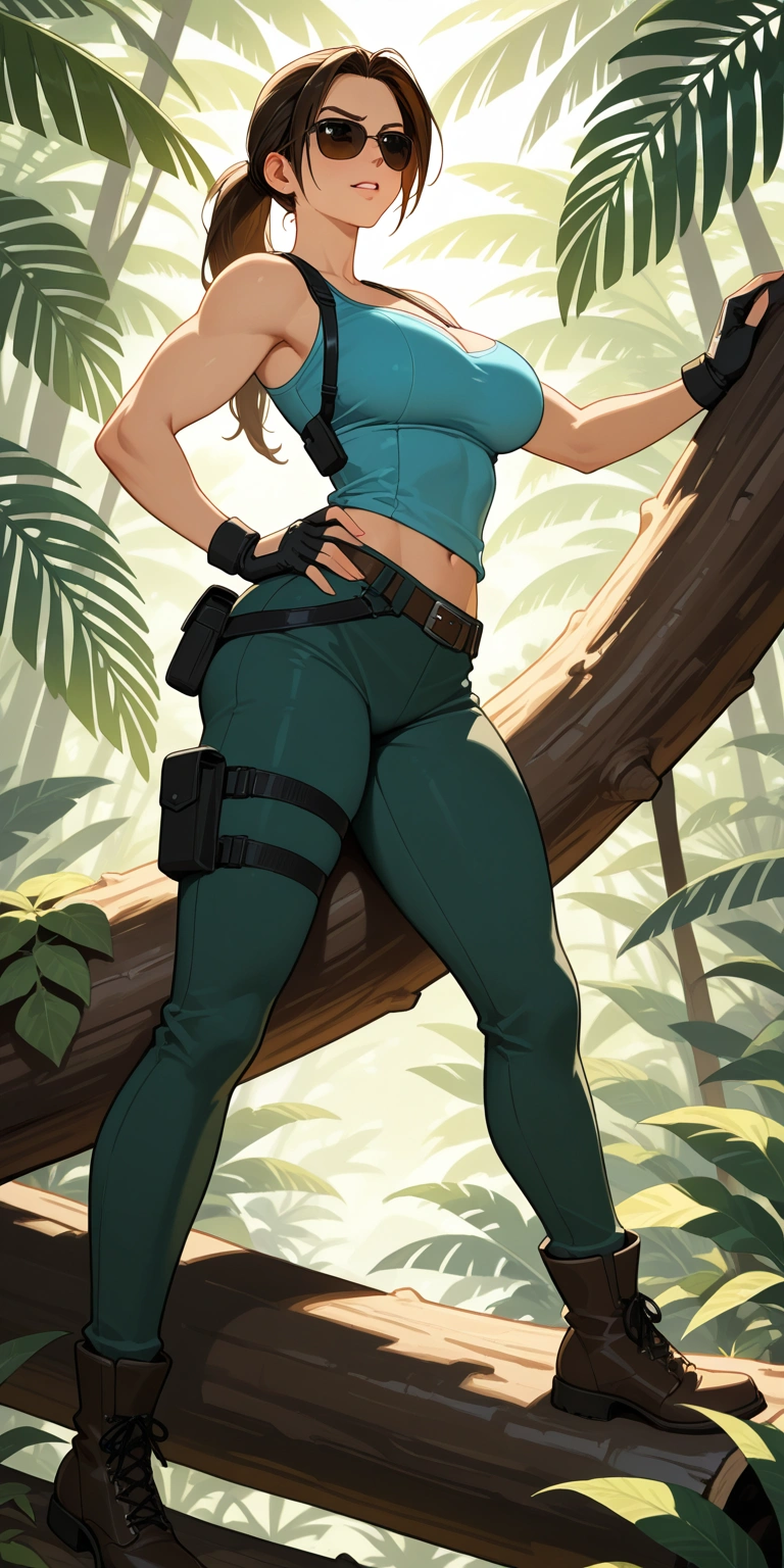  masterpiece fails, top quality,  high detail , Lara Croft,  with her canonical clothes, wearing sunglasses , jungle,  small biceps , holds a large log ,  teeth clenched , eyebrows are tense 