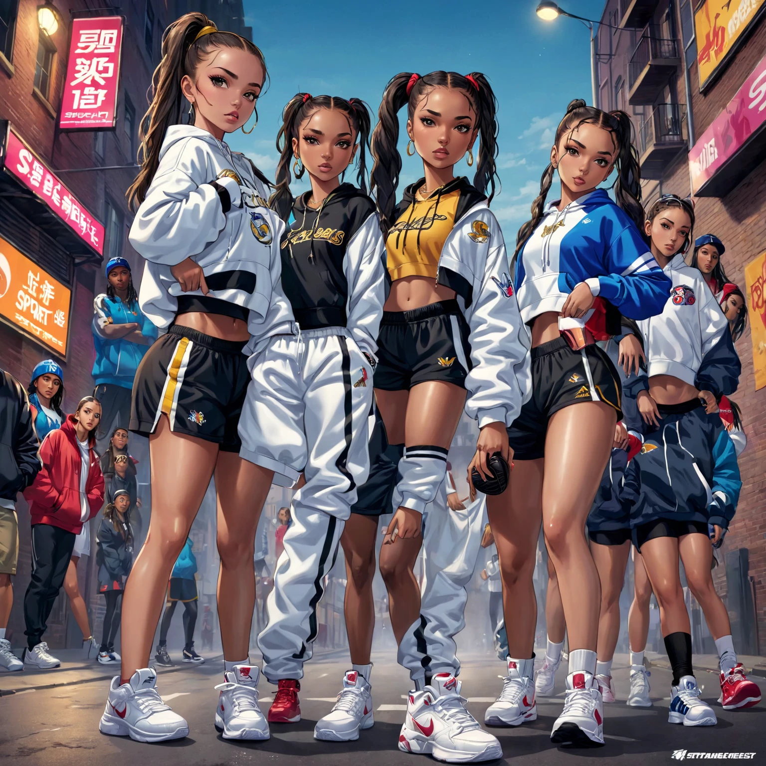 Group of Woman 4girls::1.5 sourounding 1Man::1.6 hugging arm hugging leg, kissing::1.5 , and giving, 23 year old female with dark skin, Braided 3 different colors neon Pink and Neon Green, contrasting color hair, white overalls, (overall suspenders:1.5), (Retro Air Jordan 11 Taxi sneakers:1.5), seductive look, Bioluminescent, City Girls, looking at camera, chubby, 1girl:1.2, body covered in Diamonds and Jewelry A Centerfold named Shauntice, Mixed Race instagram Biracial Ethnic Caremel skin-Mode:1.2, Streetwear Hypebeast supreme:1.3 \(brand\), words on body:1.1, Instagram Braid Artist instagram Hair stylist (1girl), 2 colored hair, (Nebula smoke behind head and eyes Ethereal:1.2, , Alberto Seveso, fantasy art:1.1, ((Fantasy background)) , long smoke hair:1.2, outdoors, aestheticism), (goosebumps:0.5), subsurface scattering, (masterpiece, top quality, best quality, official art, beautiful and aesthetic:1.2), extreme detailed, colorful, highest detailed