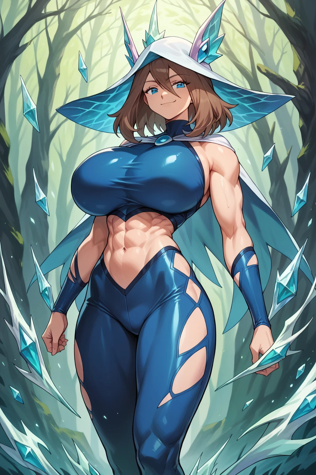 score_9, score_8_up, score_7_up, score_6_up, BREAK, pokemonmay, solo, blue eyes, brown hair, medium hair, 
(elven sorceress outfit: 1.4), (tight clothes, revealing clothes),
torso, smug smile, (gigantic bust: 1.2), toned, muscles, abs, slender body,
