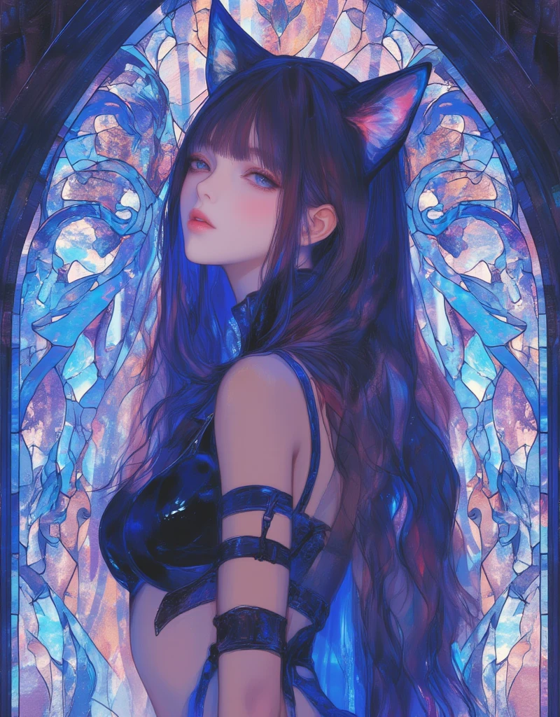 Cat-eared girl, straight long hair, Horizontal fringe hair, wearing bondage outfit, Queening, Adult comic by Alex Varenne, mind-bending visual background, Scenes and situations often evoke dreams and subconscious thoughts. ArsMJStyle, Stained Glass, xijie_blue