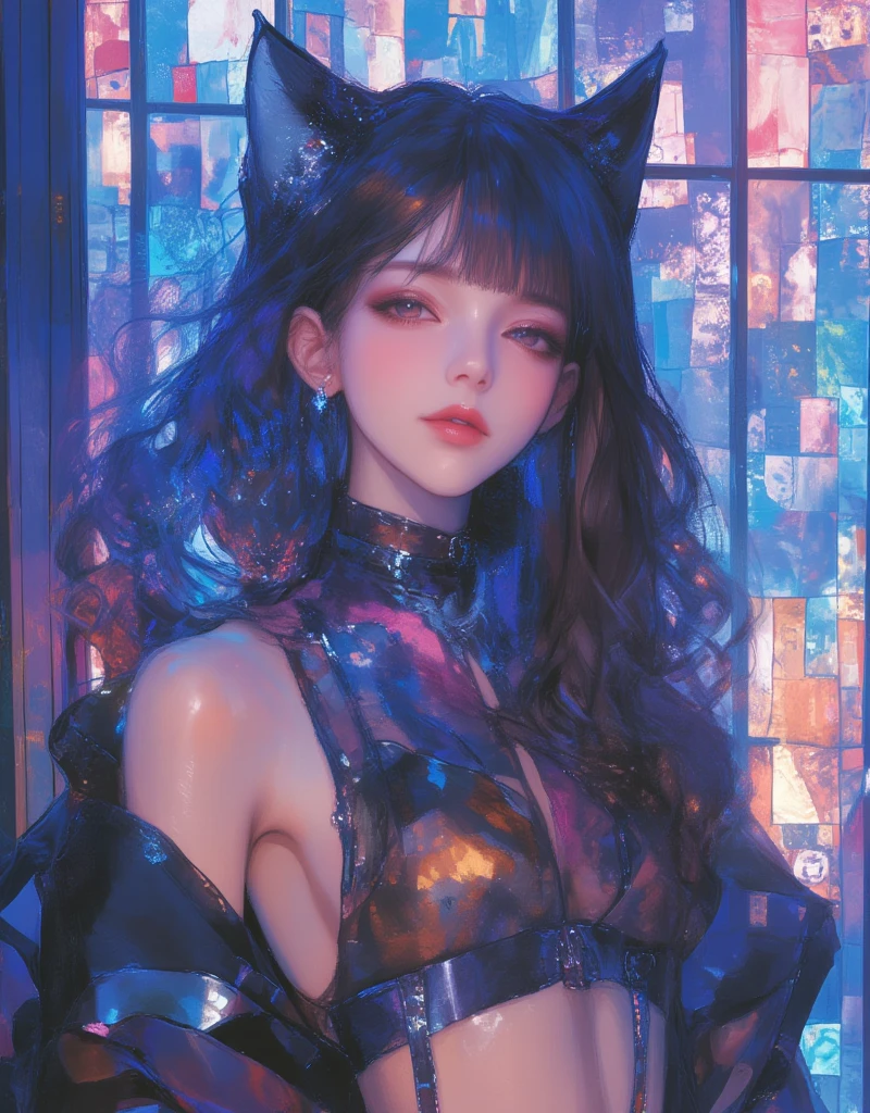 Cat-eared girl, straight long hair, Horizontal fringe hair, wearing bondage outfit, Queening, Adult comic by Alex Varenne, mind-bending visual background, Scenes and situations often evoke dreams and subconscious thoughts. ArsMJStyle, Stained Glass, xijie_blue