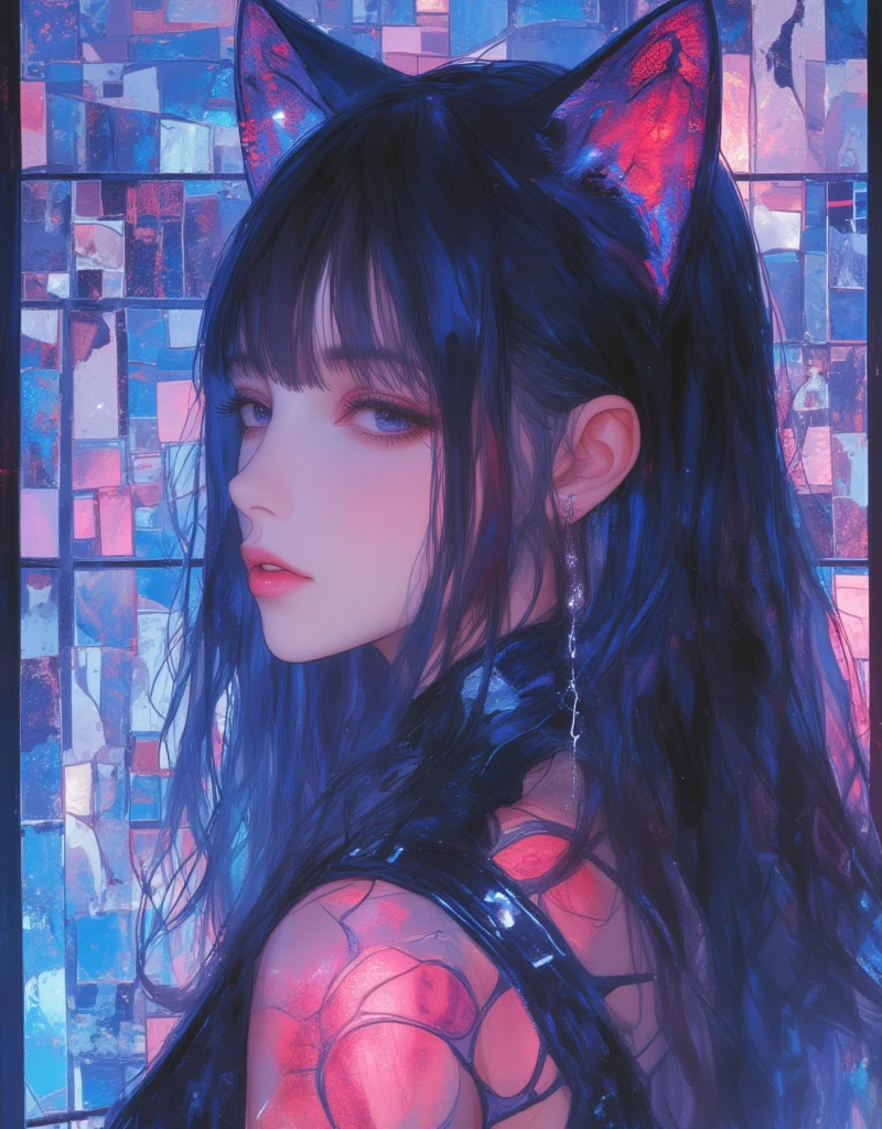 Cat-eared girl, straight long hair, Horizontal fringe hair, wearing bondage outfit, Queening, Adult comic by Alex Varenne, mind-bending visual background, Scenes and situations often evoke dreams and subconscious thoughts. ArsMJStyle, Stained Glass, xijie_blue