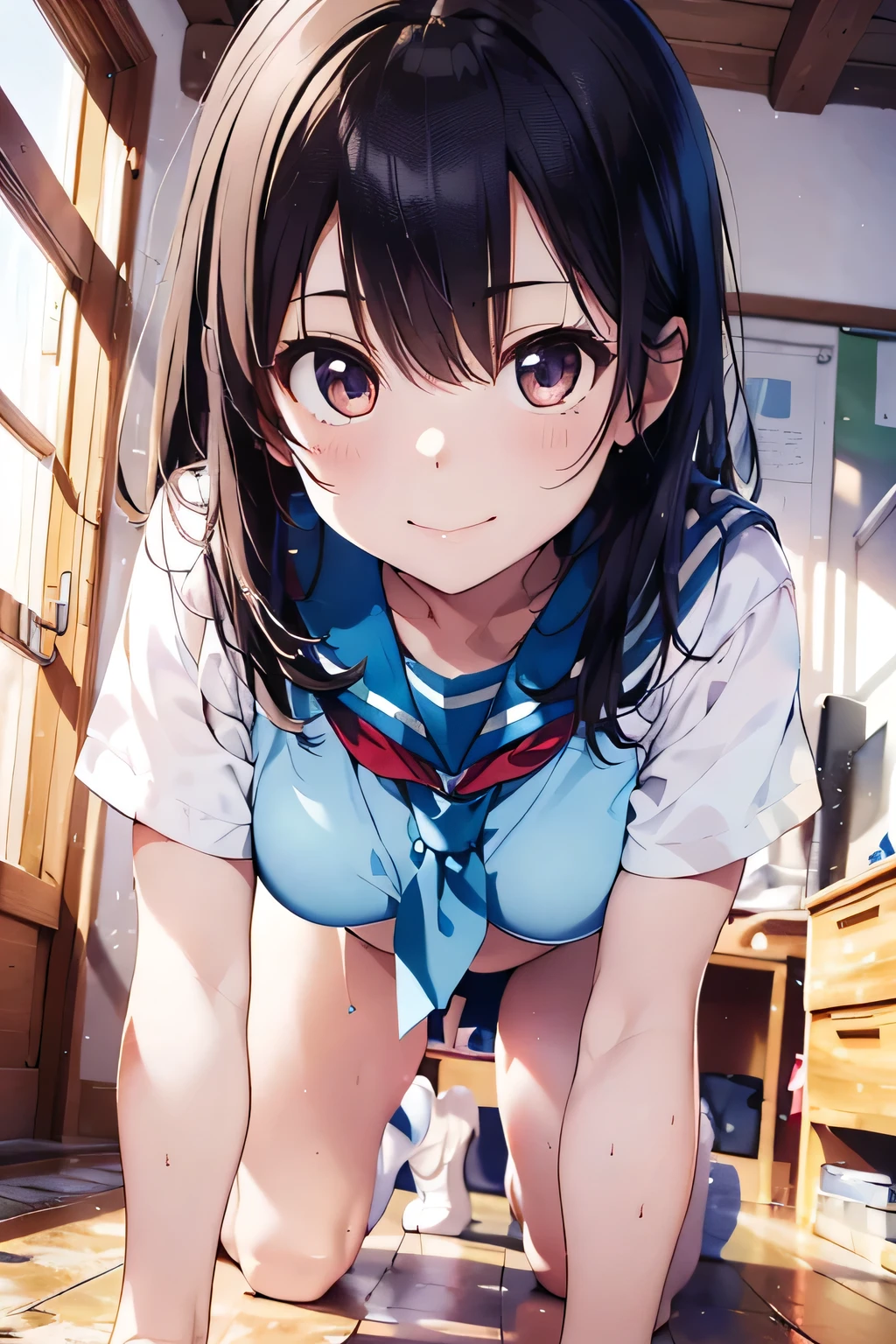 (extremely high quality artwork), (extremely detailed CG 8k), (masterpiece) ,(extremely cute girl), short, (innocent face), ((innocent smile)), shiny hair, (slim body), (small breasts), ((finely detailed beautiful eyes)), (eyes with brightness), (1st person view of a man), look at viewer, (seductively posing on all fours on floor), (spread legs), ((nsfw)), (school uniform), (white sailor suit), (((lower body is completely naked))), beautiful skin, pale skin, shiny skin, (bright color), vibrant colors, natural light, (glare), 