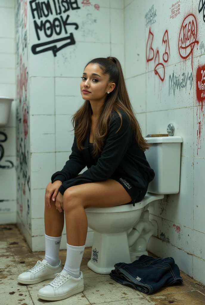 Nude Jenna Ortega with long hair with feet without clothes undressed sitting on toilet with reading magazine with window over house with night in lights