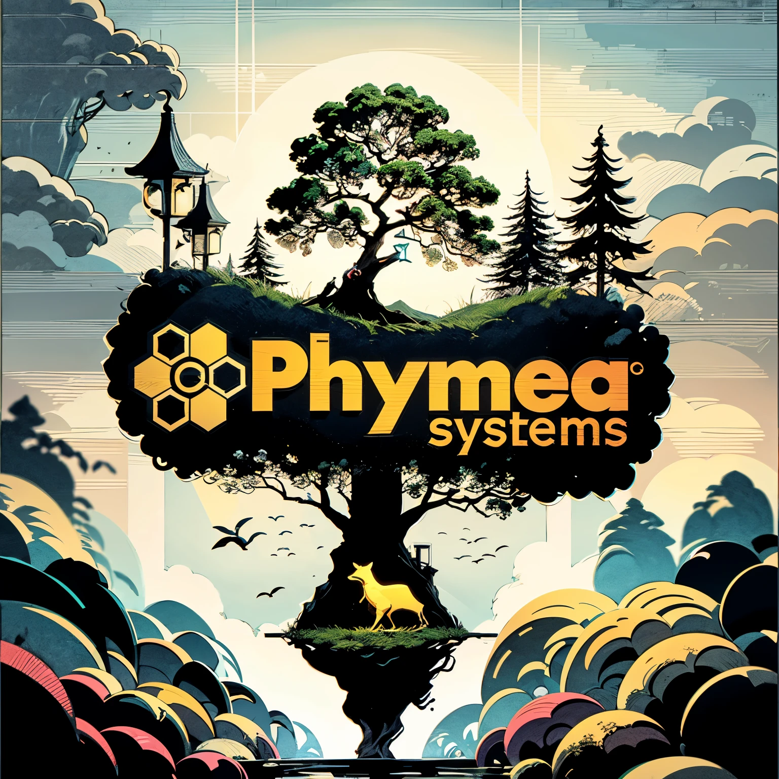 a Logo for a company: "Phymea systems", logo&quot, logo avec du texte (Phymea systems) et 6 hexagones qui entourent un cercle, logo, logo, capturer, 2d logo, vignette, logo simple, logo d'entreprise, Logo de forme solide 2D, mise en scène du logo de Phymea systems, logos, image de haute qualité, un Logo pour une entreprise qui vend des systèmes électronique, Logo, asymmetrical Logo, Logo arrondi,Logo, Vignette, LOGO Simples, Logo monochrome, Logo d'entreprise, Logo creation,image de haute qualité, entreprise d'électronique pour la recherche agricole, arbre, ((Tree is growing on Logo)), feuille de plante, vectoriel, vector, circuit électrique, piste électronique, routage électronique, images avec un nombre de couleurs réduites, logo pour t-shirt, fond noir, same logo with a different design, drawing art,  minimalist drawing, vert, jaune, rouge, l printed circuit board, PCB, tree, arbre tortueux,  simple vectorial style, minimalist vectorial art, damged picture, pixel, japanese pop art,