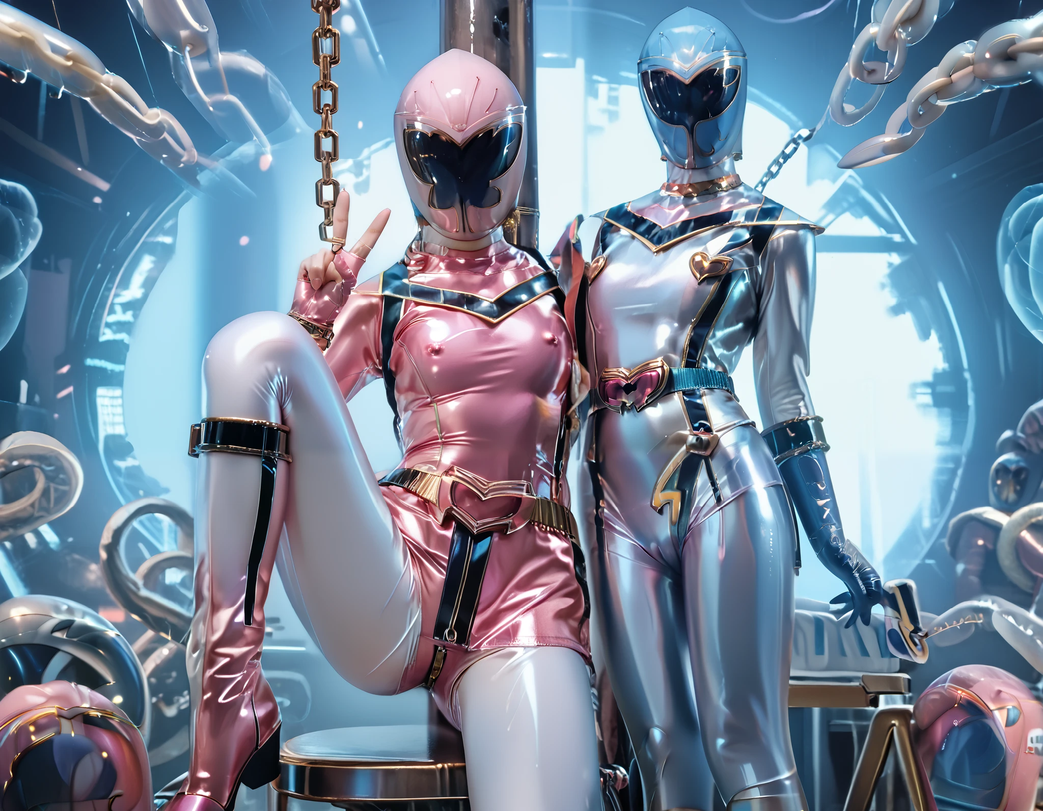 Magi Blue and Magi Pink . Latex costume. Leotard. Black costume. Pink metallic. Silver tights. Thick legs. Looking up. Sit down. Spread legs. Peace sign. Blue Heart crystal on crotch. Helmet. Erect nipples. Restrained by chains.