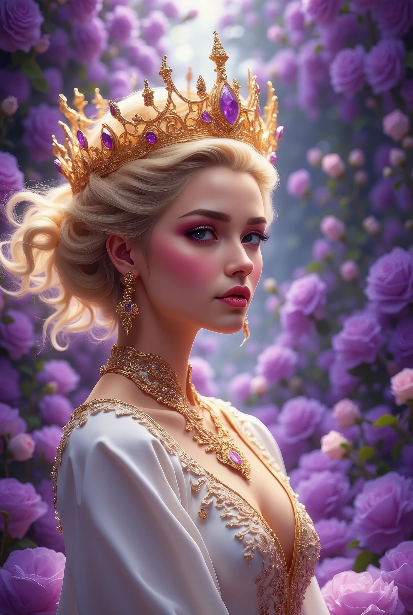Love you, A Beautiful and Sexy Girl with Beautiful Features and Blonde Hair , With Beautiful Eyes , is dressed in a Lovely Light Snow-white Dress with bright purple patterns with gold, decorations, masterpiece fails, 8 k, maximum quality, complex parts, complex textures , better quality ,