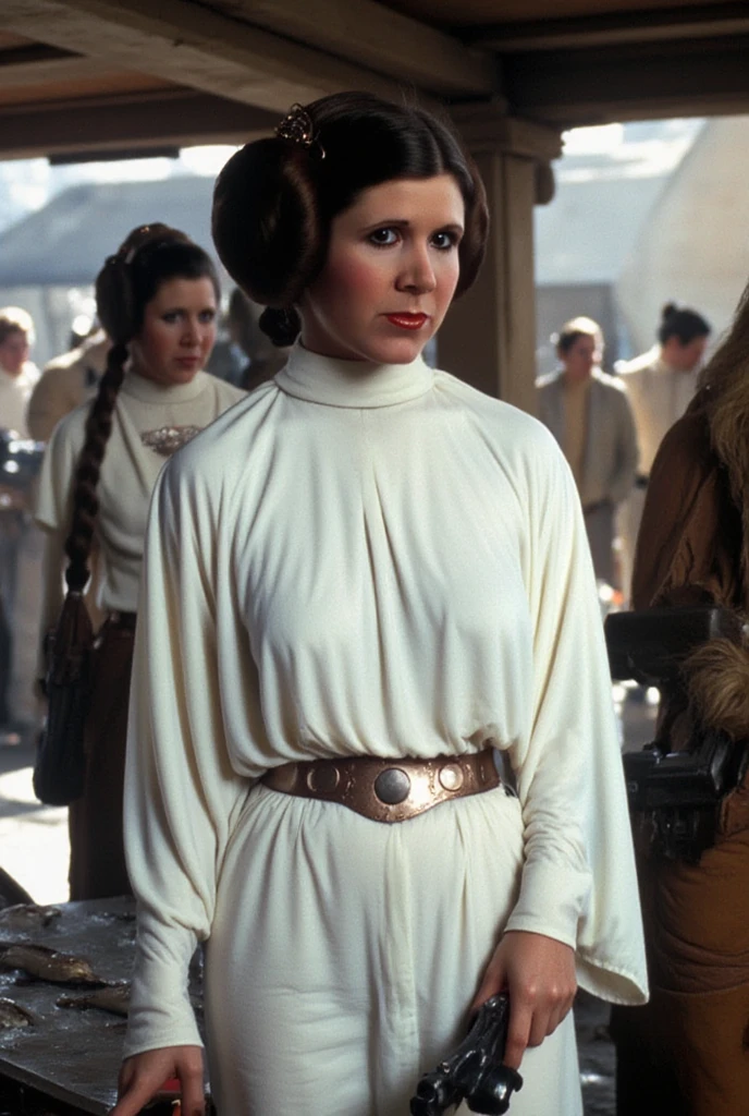 (best quality, 128k,highres,masterpiece:1.2),ultra-detailed,(realistic,photorealistic,photo-realistic:1.37), ((masterpiece)) ((photography)) ((Highest quality)) princess leia, dressed in a humorous combination of her iconic white gown and a waterproof apron, standing proudly behind a rustic fish market stall. her signature hair buns are now adorned with tiny nets, and she's expertly tossing a fish into the air while holding a large wooden spatula. the market is bustling with quirky alien customers from the star wars universe, including jawas haggling over prices and a wookiee struggling to carry a sack of clams. the scene is lively and comedic, with fresh fish glistening on ice and leia shouting, "fresh seafood from a galaxy far, far away!"