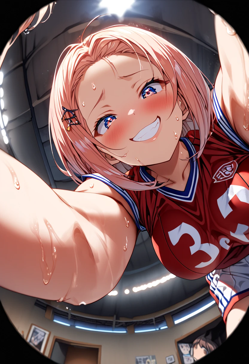 One Girl、basketball uniform、One Curl Bob Cut, Highest quality、Sweaty body、Obscene sound effects、Japanese Moans、Big Breasts、Surprised、(Show your forehead)、hairpin、(View from below:1.5)、(grin:1.3)、(forward-bent posture)、(erotic room)、(Fisheye lens effect:1.3)