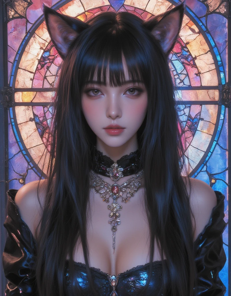 Cat-eared girl, straight long hair, Horizontal fringe hair, wearing bondage outfit, Queening, Adult comic by Alex Varenne, mind-bending visual background, Scenes and situations often evoke dreams and subconscious thoughts. ArsMJStyle, Stained Glass, xijie_blue