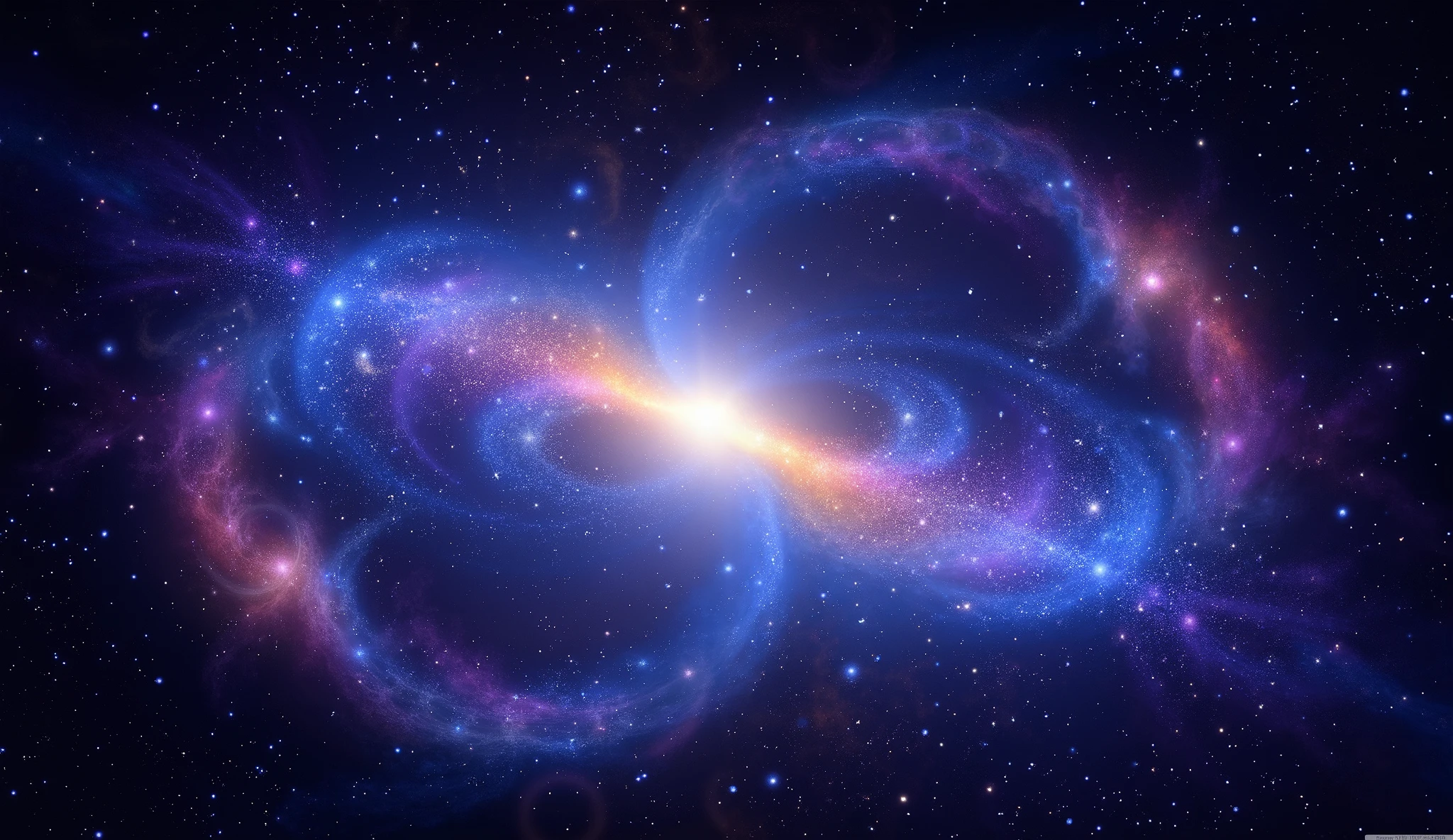 Triple overlapping ring-shaped nebula，The blue Milky Way，Nebula Fog， Digital Art by  ，Gold Sparkle，Beautiful digital art,  4K high resolution digital art , Soft swirling magic energy，Magic Whirlwind，Dreamlike art,  complex and glamorous anime CGI style 、 super high image quality, Ultra Fine, High Quality ,Spectacular views,Night Sky,8K quality, outer space ,Stars that fill the whole sky 々,View the galaxy from the front ,( Two galaxies cross to form an X shape ),Spiral nebula and supermassive galaxy,  spiral galaxies with many turns , Vast Dark Universe ,  colorful gaseous nebulae,Infinite stars々, Quasars Shining in the Distance , Nebula shining in purple, blue, red, gold, green, silver, and pink,plasma, an uncountable number of huge stars.遠くに別の銀河 visible ,Massive stars in a spectacular galaxy々 visible ,A galaxy with 100 billion stars ,(Two galaxies intersect ), cobalt blue and ultramarine,