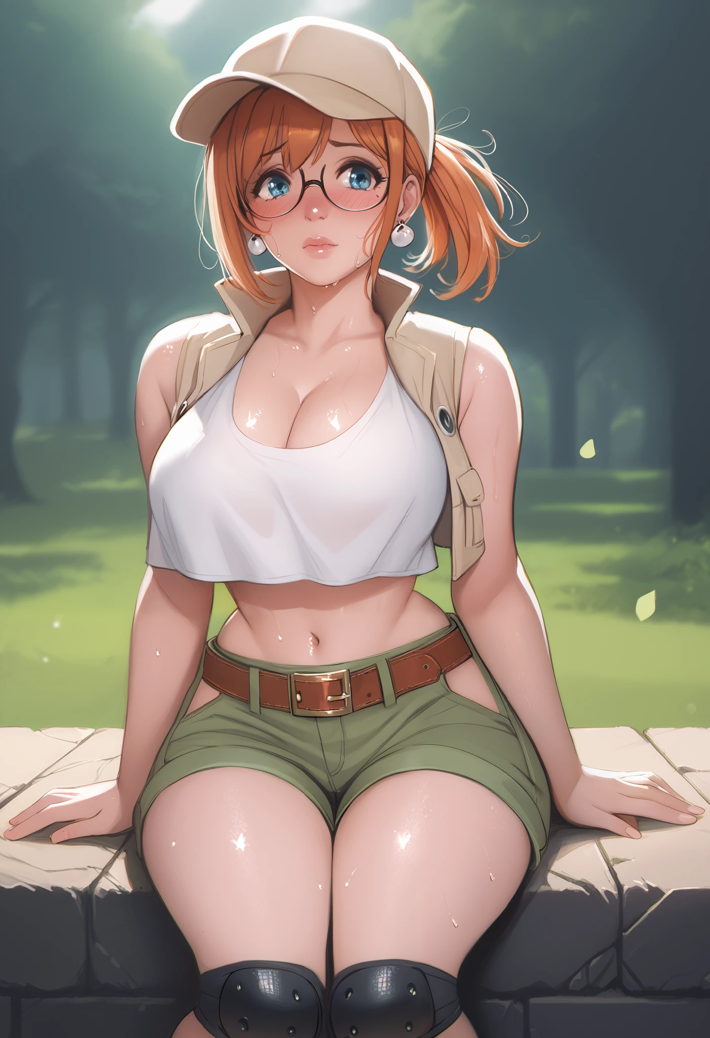 (Masterpiece, Best Quality, High Quality), kousaka honoka,blue eyes, orange hair, glasses, medium hair, ponytail, crop top, hat, jacket, knee pads, shorts, sleeveless, navel, belt,8k wallpaper, looking at viewer, earrings, outdoors, erotic figure, (blushing:1.2) , sweating, big breasts, cleavage,p4l0m4