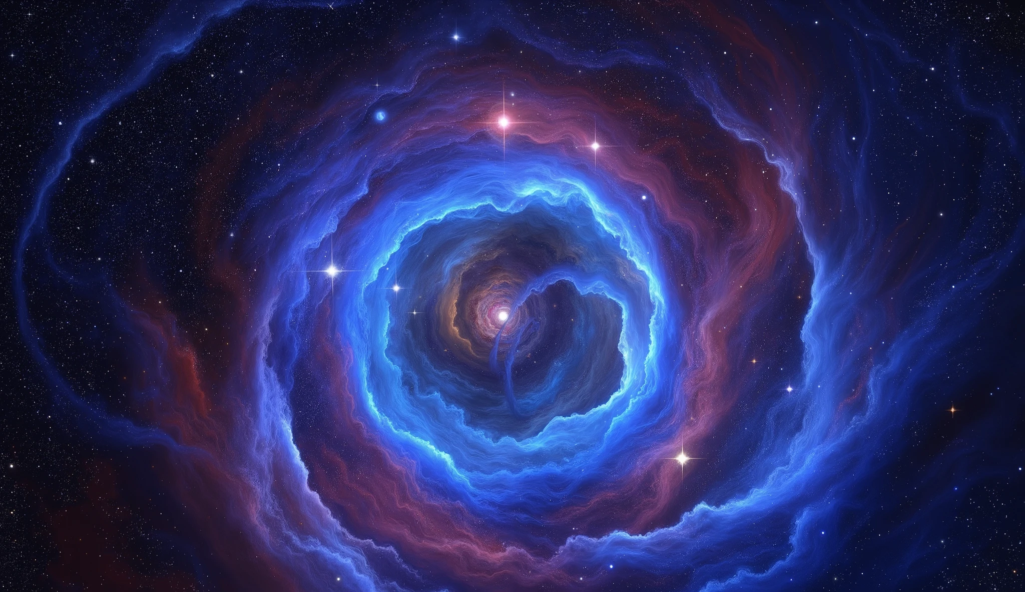 Triple overlapping ring-shaped nebula,The blue Milky Way,Nebula Fog, Digital Art by ,Gold Sparkle,Beautiful digital art, 4K high resolution digital art , Soft swirling magic energy,Magic Whirlwind,Dreamlike art, complex and glamorous anime CGI style 、 super high image quality, Ultra Fine, High Quality ,Spectacular views,Night Sky,8K quality, outer space ,Stars that fill the whole sky 々,View the galaxy from the front ,( Two galaxies cross to form an X shape ),Spiral nebula and supermassive galaxy, spiral galaxies with many turns , Vast Dark Universe , colorful gaseous nebulae,Infinite stars々, Quasars Shining in the Distance , Nebula shining in purple, blue, red, gold, green, silver, and pink,plasma, an uncountable number of huge stars.遠くに別の銀河 visible ,Massive stars in a spectacular galaxy々 visible ,A galaxy with 100 billion stars ,(Two galaxies intersect ), cobalt blue and ultramarine,