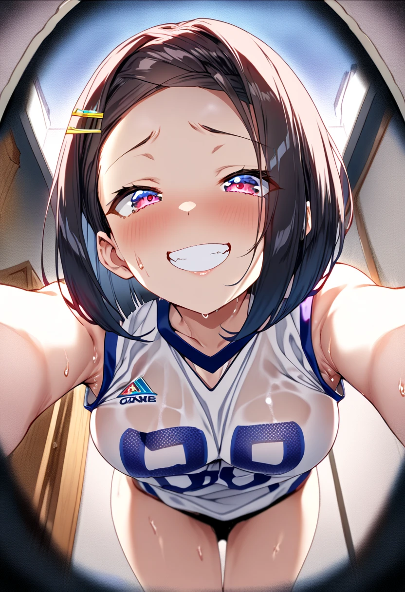 One Girl、basketball uniform、One Curl Bob Cut, Highest quality、Sweaty body、Obscene sound effects、Japanese Moans、Big Breasts、Surprised、(Show your forehead)、hairpin、(View from below:1.5)、(grin:1.3)、(forward-bent posture)、(erotic room)、(Fisheye lens effect:1.3)