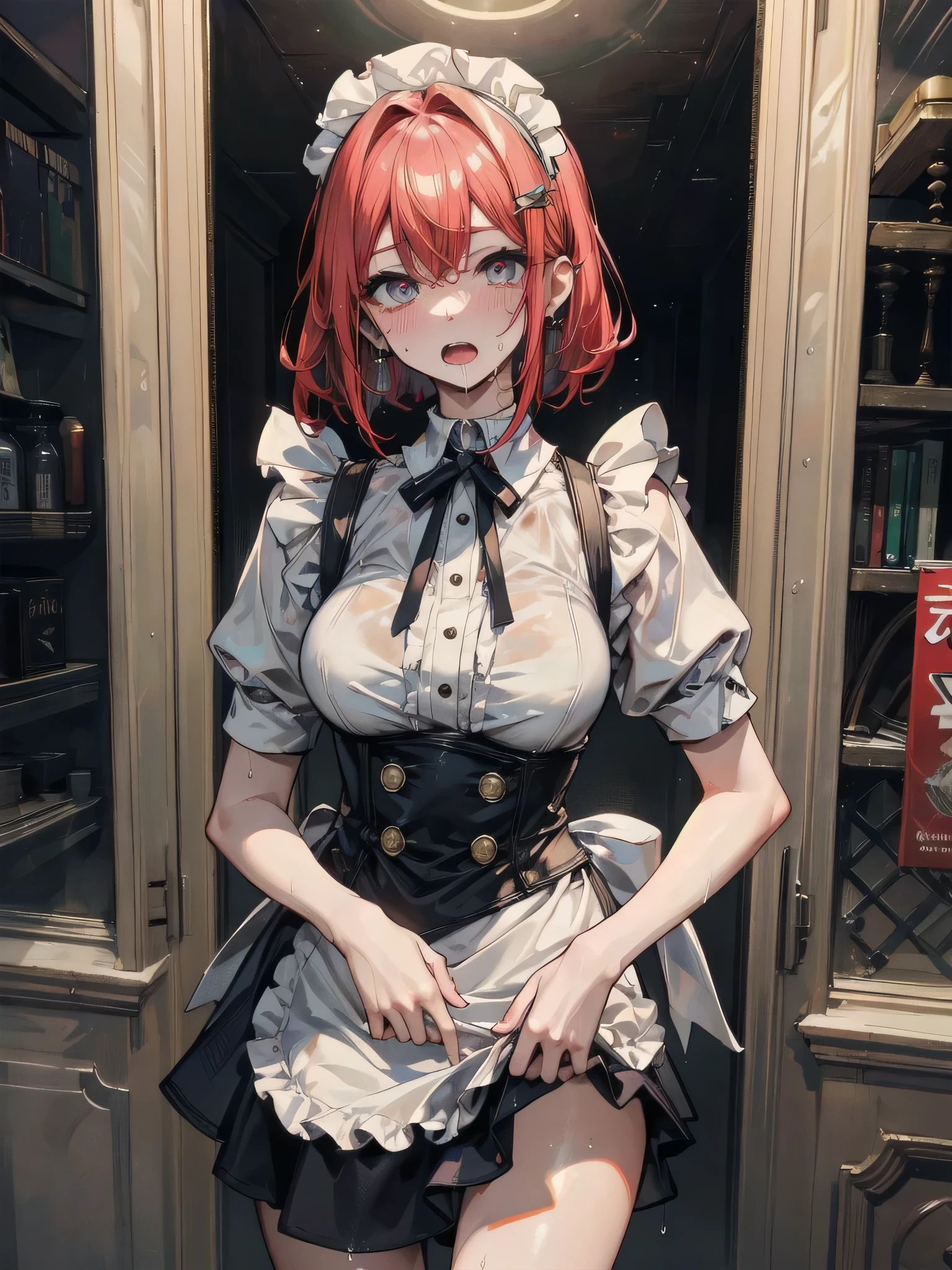 Ryugu Rena, Rena Ryuuguu, Orange Hair, short hair, Hair Blue Eyes, smile, There are still blood stains on the wall,spooky, Dead Eyes,A grinning man holding a Bloodstained knife in one hand.,Bloodstained beret,Bloodstained,Drops of blood,There was blood splattered all over the room..,spooky笑い, Dead Eyes,Psychopath horror,Bloodstained clothes,Drops of blood,spooky,murder scene, Serial killer, bathed in blood,Clothes with blood on them，Bloodstained black suit jacket, Bloodstained collared jacket,Blood stained white dress shirt, Shirt with blood on the collar, Neckline, button, strap, ID card on the neck, Bloodstained 黒色ペンシルスカート,Bloodstained 黒色パンティストッキング,Bloodstained ピンヒール,Big Breasts,holding a Bloodstained knife grip,whole bodyがイラストに入るように,Shadowed face 、
break looking at viewer,whole body,
break indoors, office,
break (masterpiece:1.2), Highest quality, High resolution, unity 8k wallpaper, (shape:0.8), (Fine and beautiful eyes:1.6), Highly detailed face, Perfect lighting, Highly detailed CG, (Perfect hands, Perfect Anatomy),