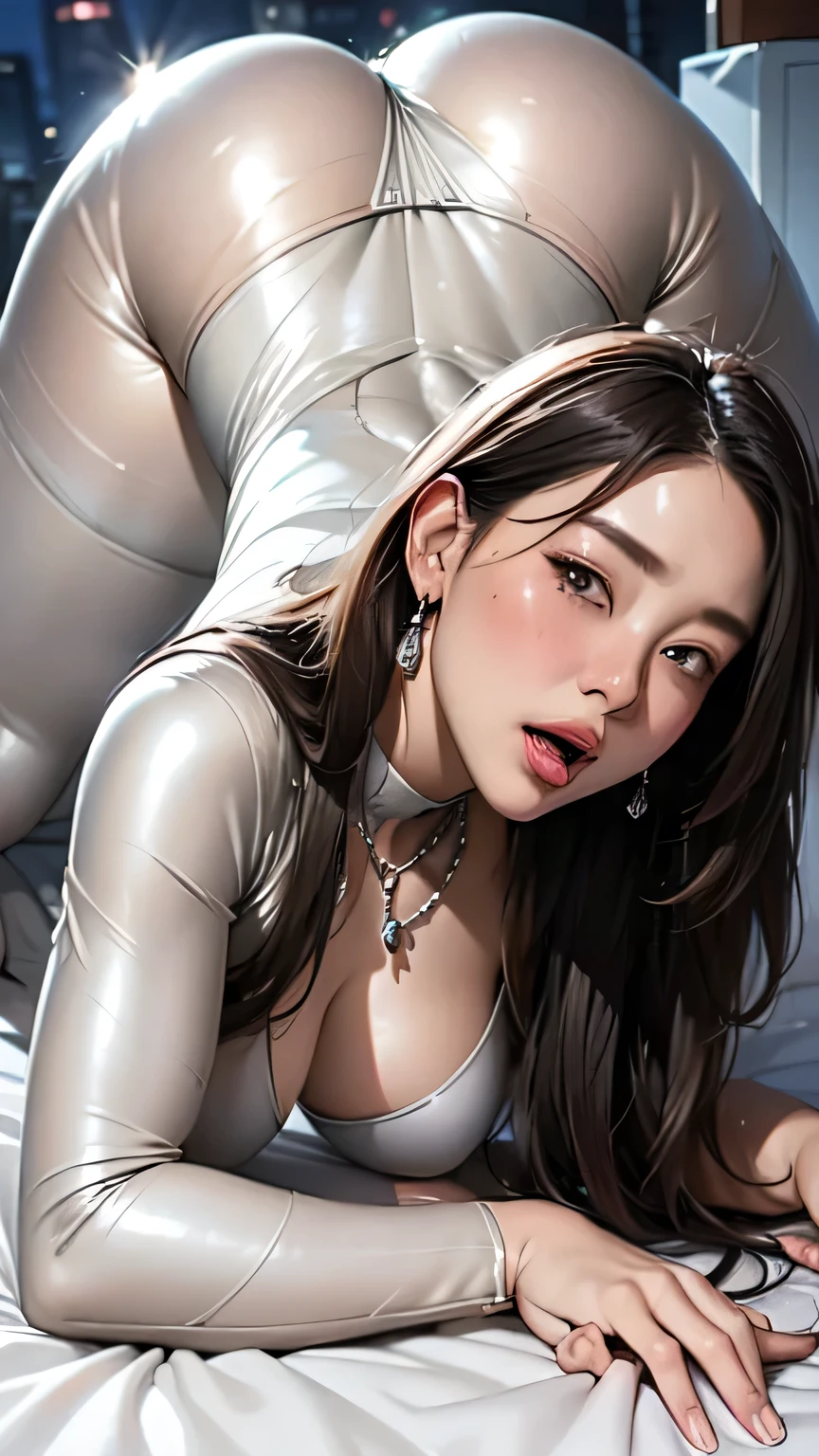 (top-down bottom-up、 silver bodysuit :1.4)、blush、 squint、Half-open mouth、 troubled expression、Long hair gets messy、Hotel bed at night、Small earrings、 thin due to small things necklace、Super fair skin、(masterpiece,  top quality :1.2)、 Tall、Long face、adult、Big Breasts、