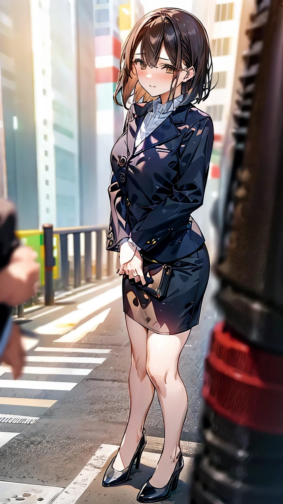 1girl:1.5, masterpiece,(in the middle of the city:1.5), raw color, 8k, illustrator, masterpiece, high quality, 8k, high resolution, high detailed, midriff, high quality, （very detailed cg unity 8k wallpaper），best qualtiy，cinematic lighting, ultra - detailed，masterpiece，）, (cleavage:1), (bodypress turtleneck dress:1.5), (big breast), depth of field, front view, smirk smile, detail face, armpit, full body, (highheels), (hollow chest:1.5)