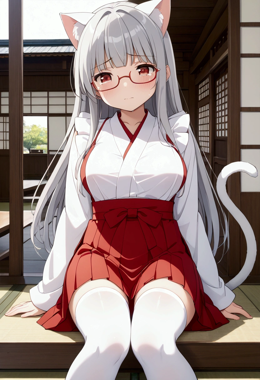 Lori、、Petite、Big Breasts、 princess cut、 long hair 、Gray Hair、 red eyes、Cat ears、Cat tail、Shrine maiden、Shrine maiden服、 White Kimono 、(White Knee Highs:1.3)、 apron dress、White brim、 hakama short skirt、Glasses,Japanese maid、 miko,red hakama、( hakama short skirt:1.1)、Crying face、 BREAK masterpiece、 beautiful attention to detail:1.2,  perfect lighting, ( perfect hand,  perfect anatomy:1.1)