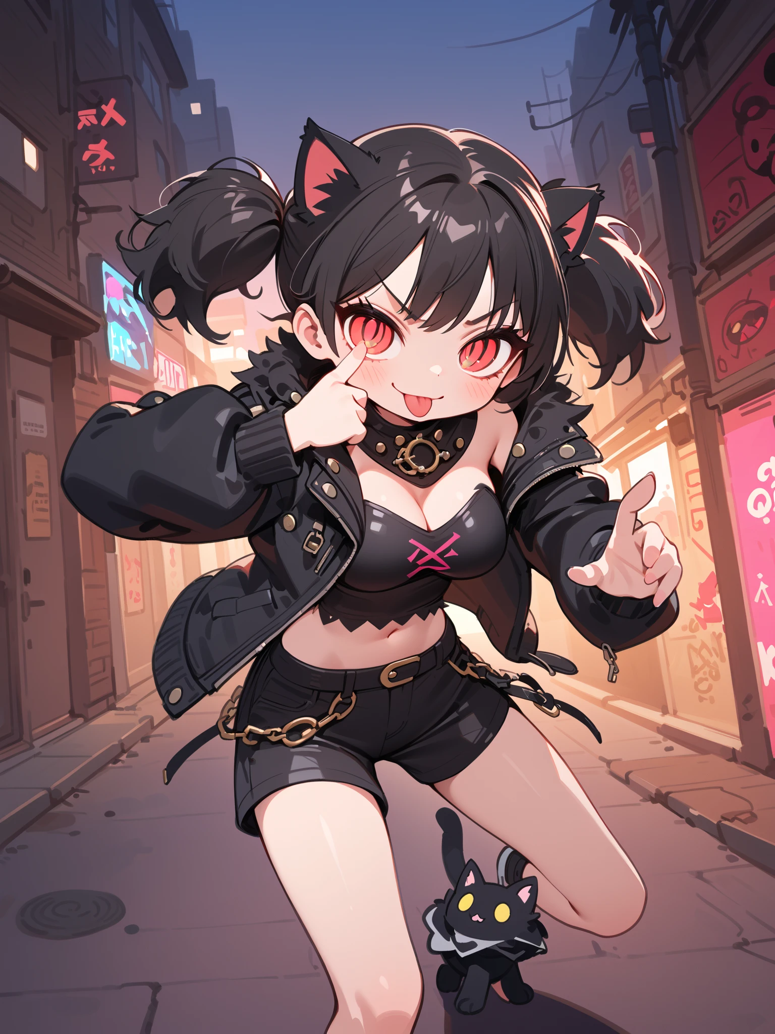 solo,1girl\(cute, kawaii,(evil smile),(akanbe:1.3), eyelid pull, (tongue out), finger to eye, hand up, :p, index finger raised ,one eye closed, (black hair:1),(long hair),(twin tails hair),pale skin, red eyes,(detailed eyes:1.4),(spiral eye:1.2), eyes shining, (big eyes),(breast:1.4),(punk fashion:1.6),(ripped clothes:1.3),(tight tube top),(tight hot pants),(stomach shown:0.8),(abs:0.8),(ripped black short jacket:1.4),(fluffy black cat-ear:1.4),(dynamic pose:1.4)\)),(bang:1.2)\). BREAK .background\(outside, noisy city, backstreet, narrow street, neon lights, at night\), BREAK ,quality\(8k,wallpaper of extremely detailed CG unit, high resolution, top-quality, top-quality real texture skin, hyper realistic, increase the resolution, RAW photos, best quality, highly detailed, the wallpaper,golden ratio,high saturation realism, vibrant colors, dramatic lighting, persuasive storytelling, atmospheric scenery, captivating visuals, intricate details, strong emotions,dreamlike world\),(close up of face:1.5),pop art,vivid color, (graffiti:0.5)